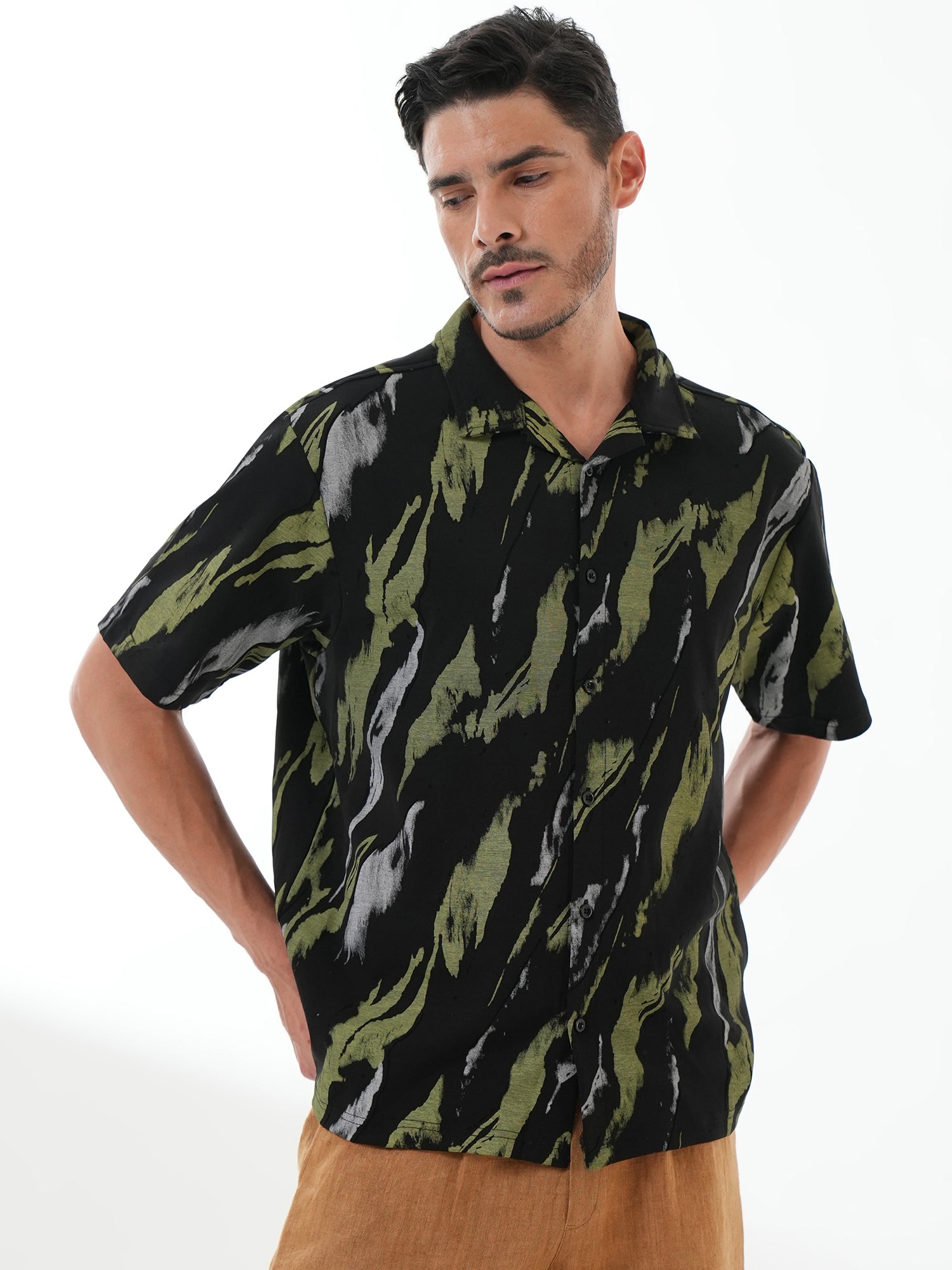 Men Self Design Printed Half Sleeve Shirt Black - Reprise