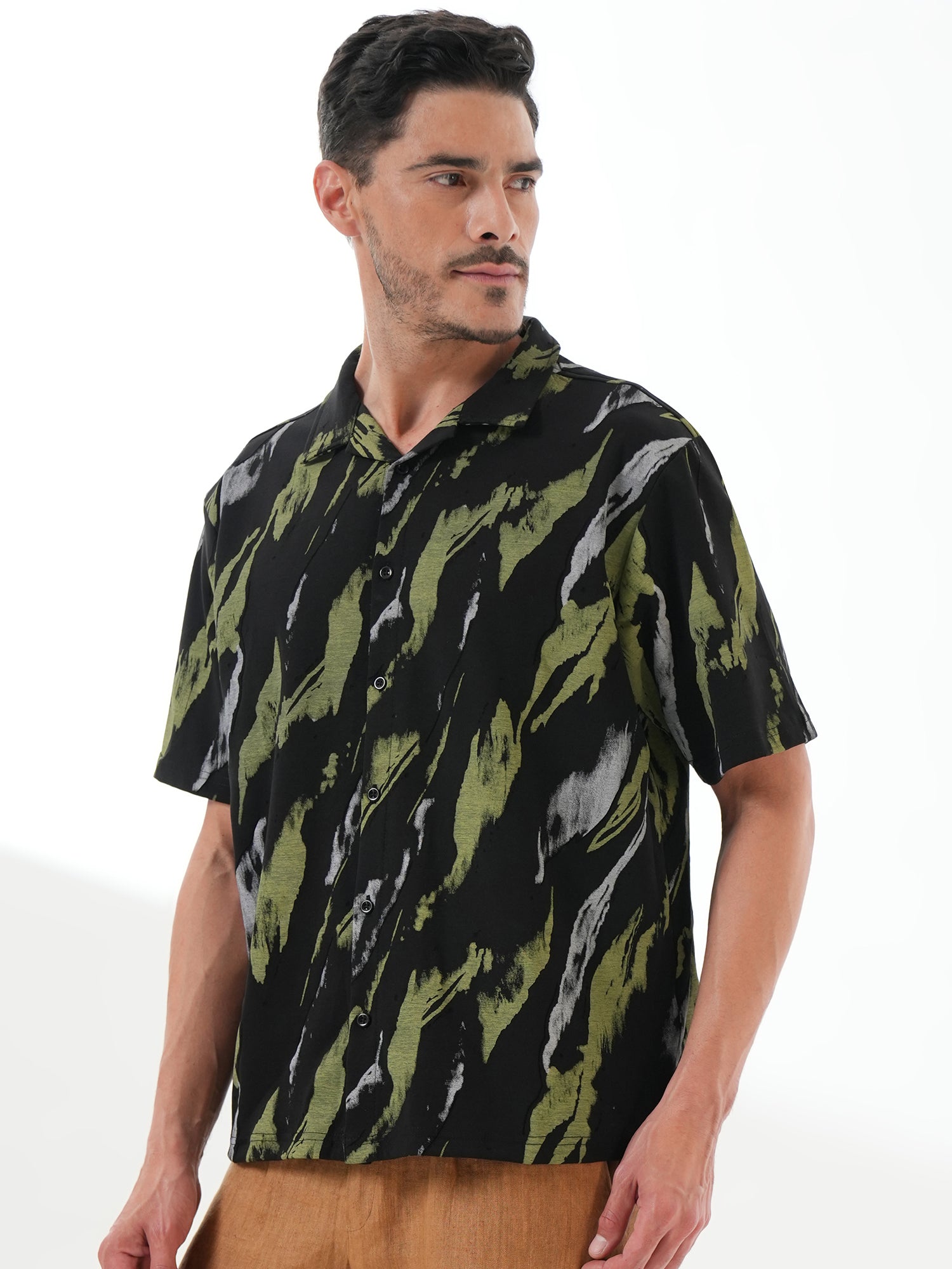 Men Self Design Printed Half Sleeve Shirt Black - Reprise