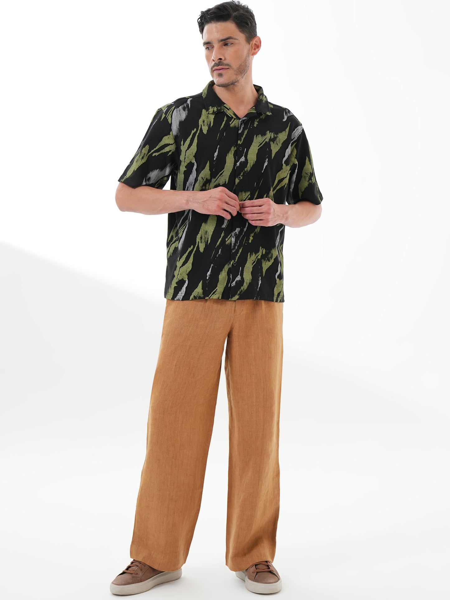 Men Self Design Printed Half Sleeve Shirt Black - Reprise