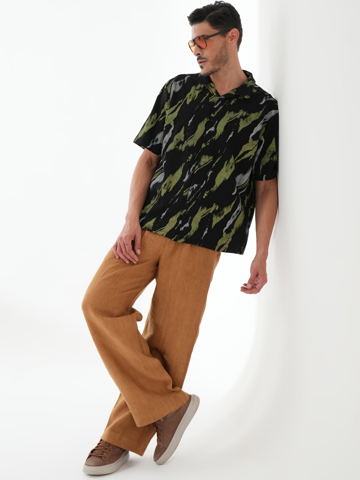 Men Self Design Printed Half Sleeve Shirt Black - Reprise