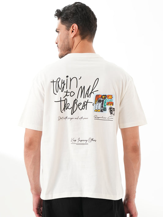 Men Oversized Printed Round Neck Drop Shoulder T-shirt White - Reprise