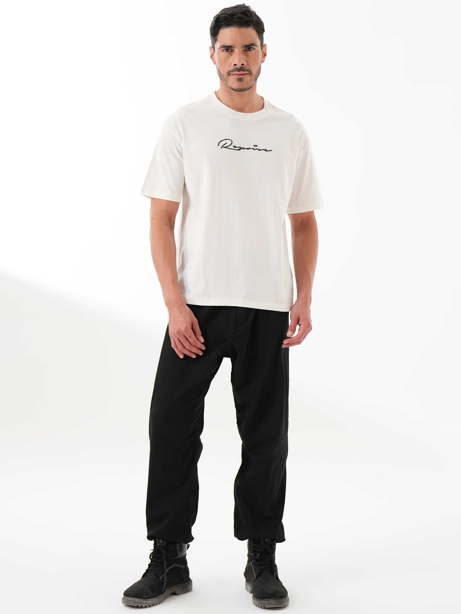 Men Oversized Printed Round Neck Drop Shoulder T-shirt White - Reprise