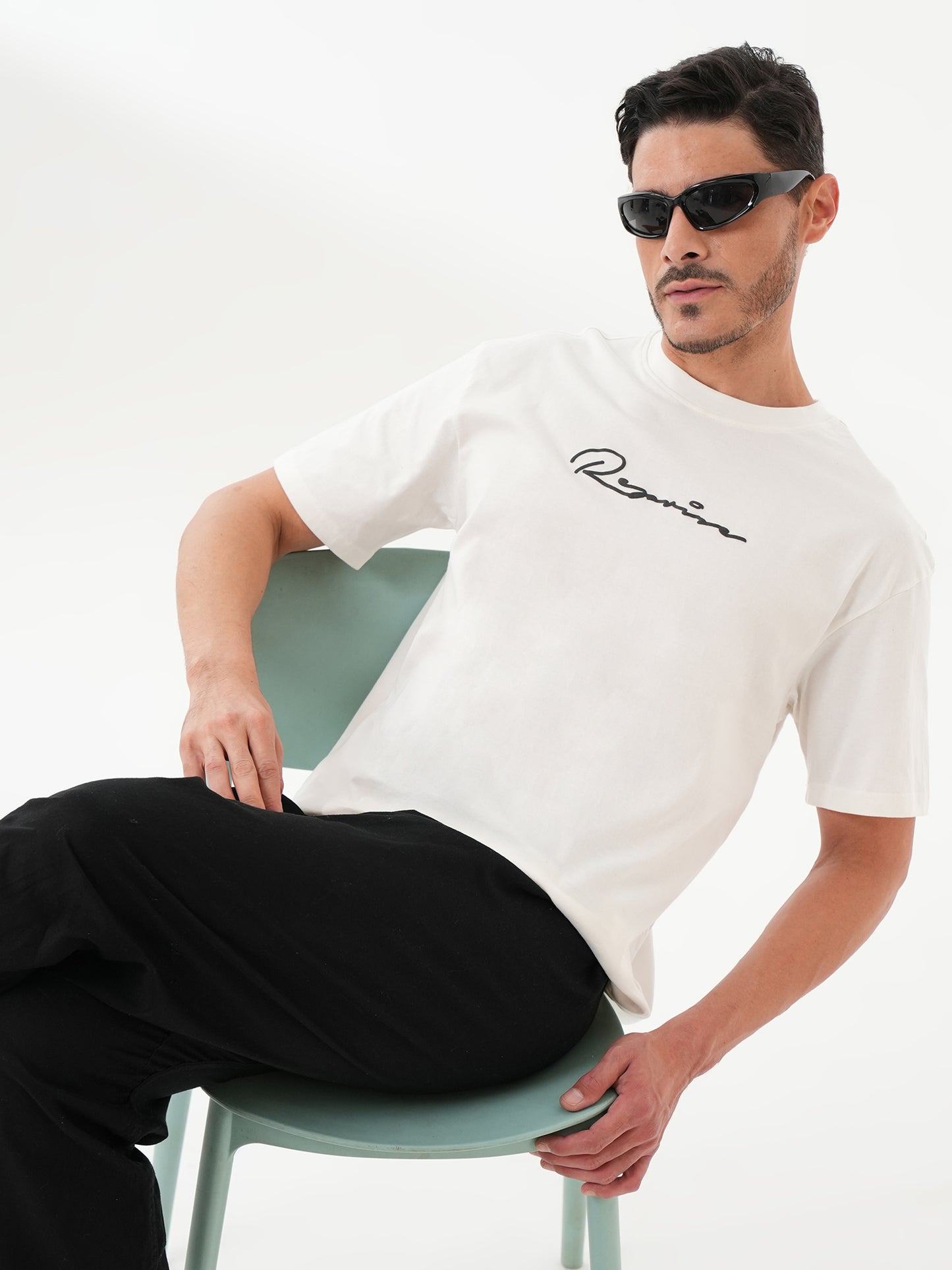 Men Oversized Printed Round Neck Drop Shoulder T-shirt White - Reprise