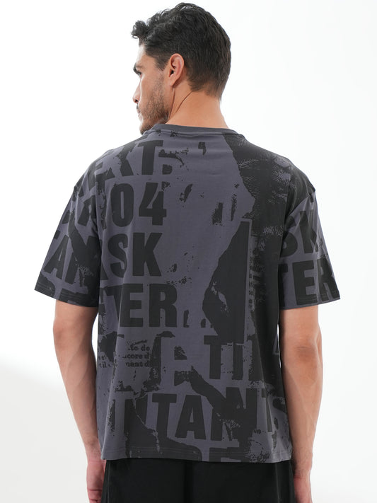 Men Oversize Printed Round Neck T-shirt Dark Grey - Reprise