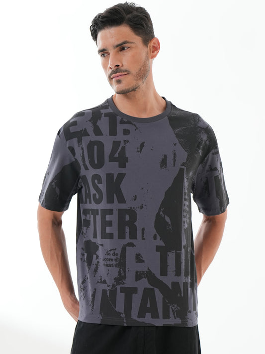 Men Oversize Printed Round Neck T-shirt Dark Grey