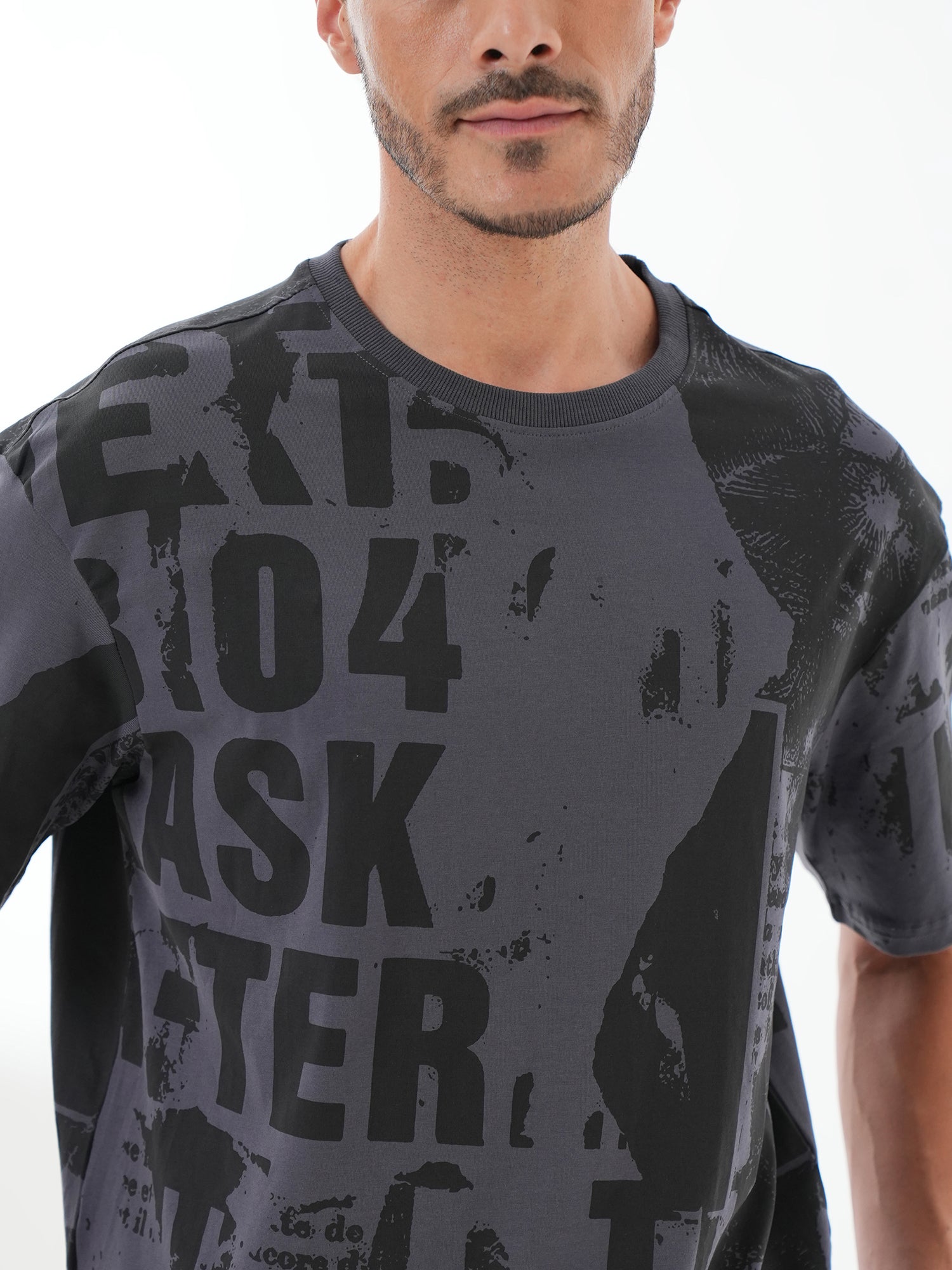 Men Oversize Printed Round Neck T-shirt Dark Grey - Reprise