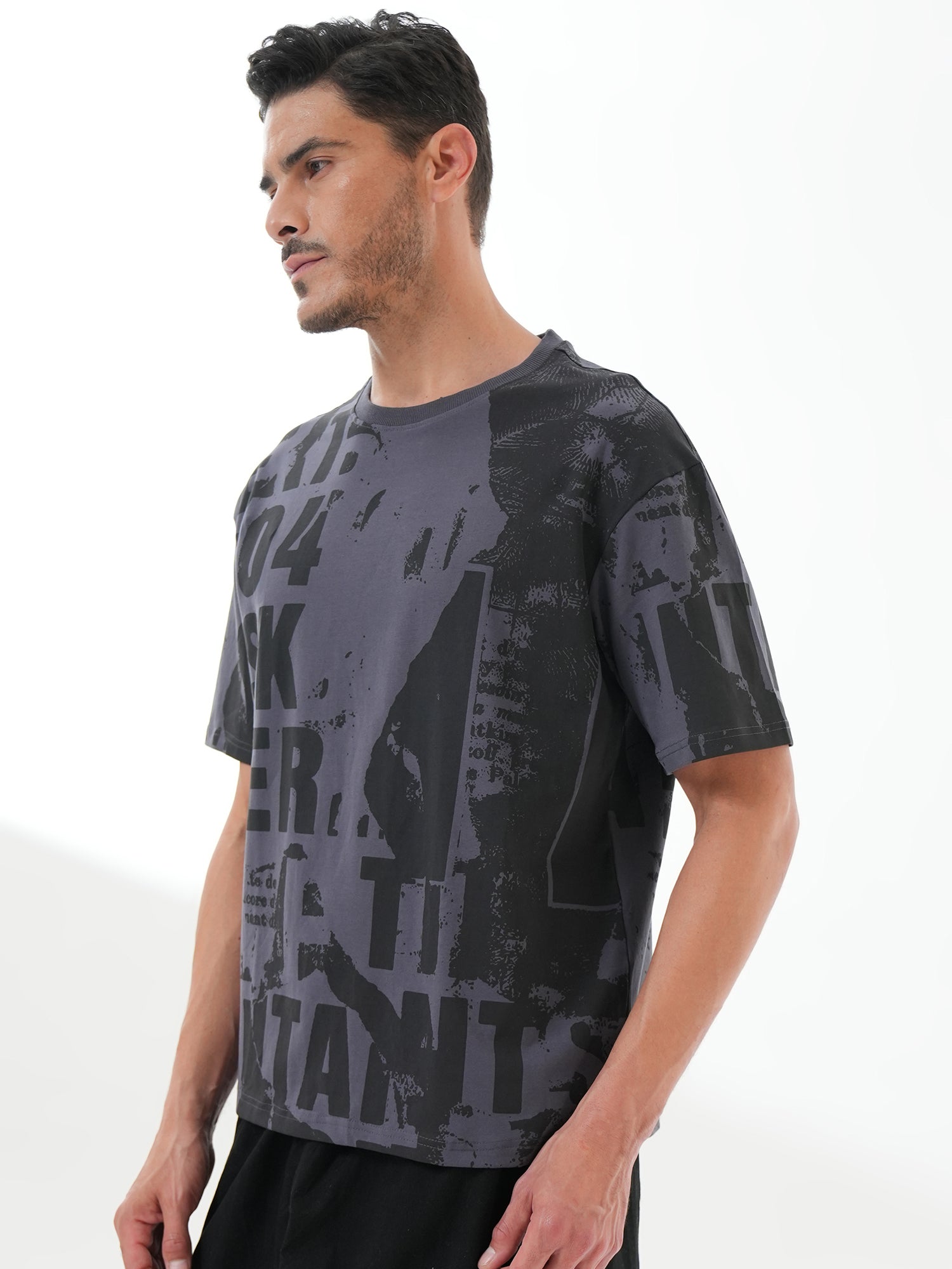 Men Oversize Printed Round Neck T-shirt Dark Grey - Reprise