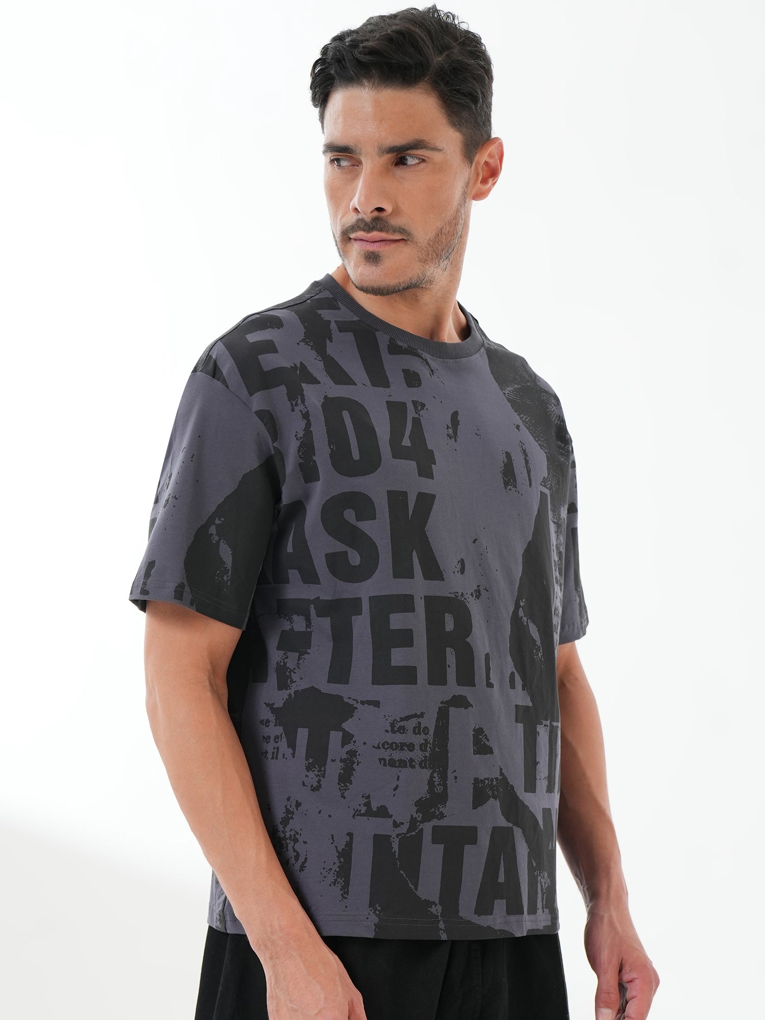 Men Oversize Printed Round Neck T-shirt Dark Grey - Reprise