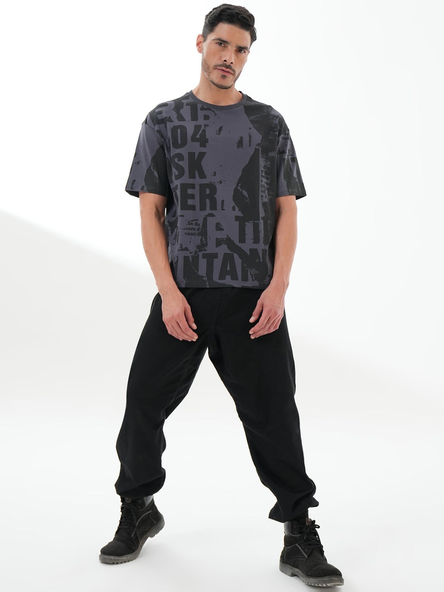 Men Oversize Printed Round Neck T-shirt Dark Grey - Reprise
