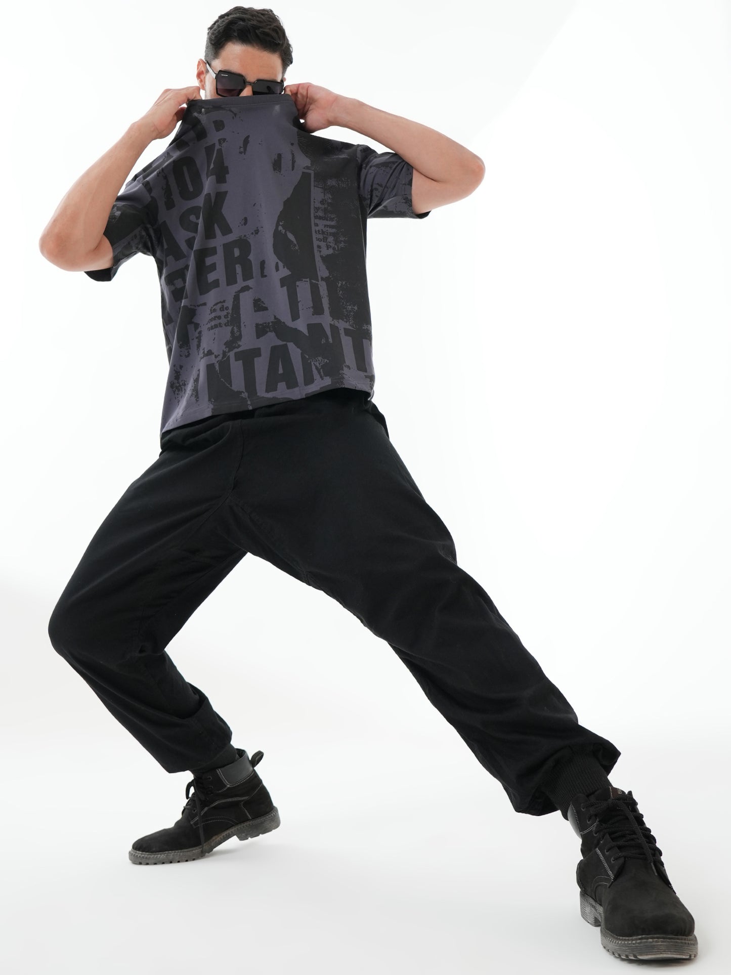 Men Oversize Printed Round Neck T-shirt Dark Grey - Reprise