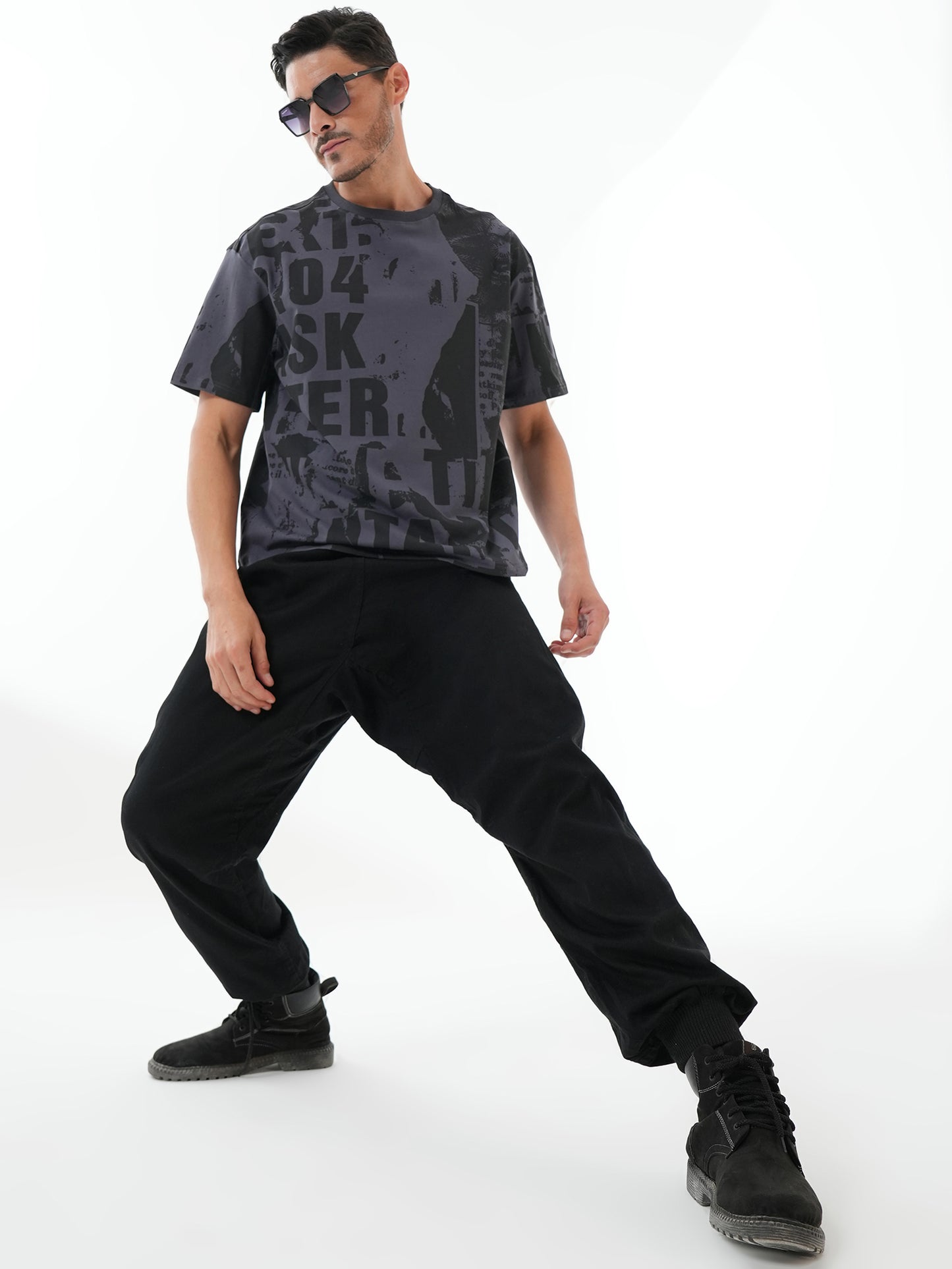 Men Oversize Printed Round Neck T-shirt Dark Grey - Reprise