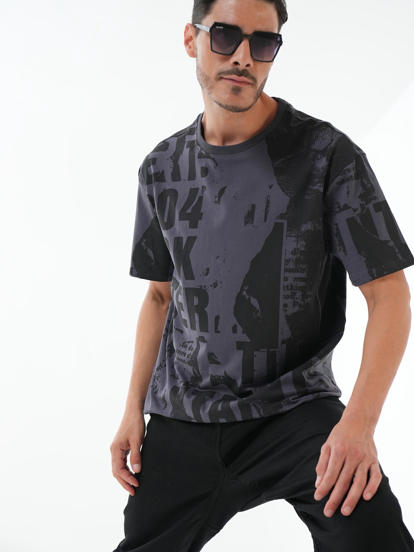Men Oversize Printed Round Neck T-shirt Dark Grey - Reprise
