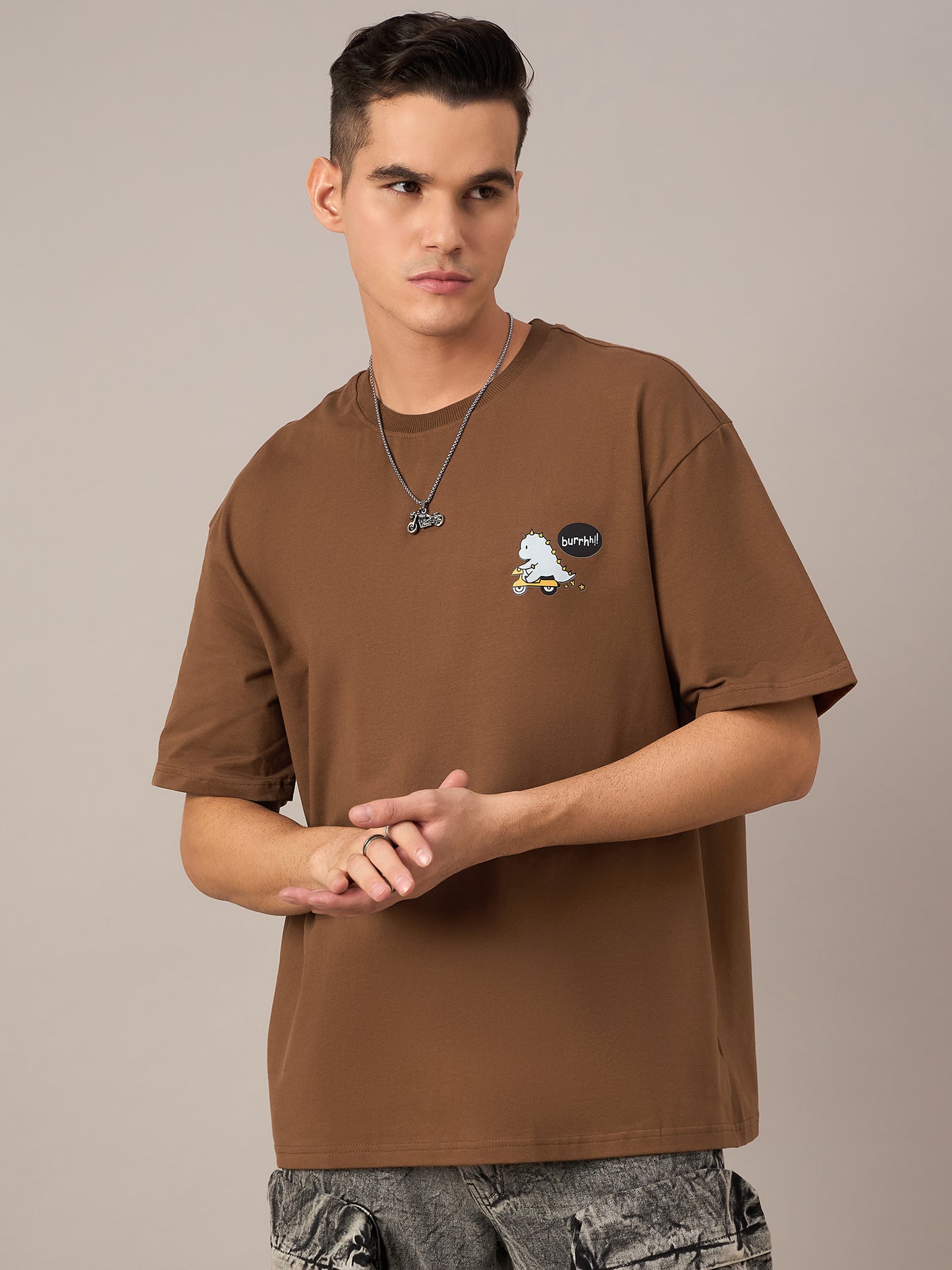 Men Printed Oversized Round Neck Drop Shoulder T-shirt Brown - Reprise