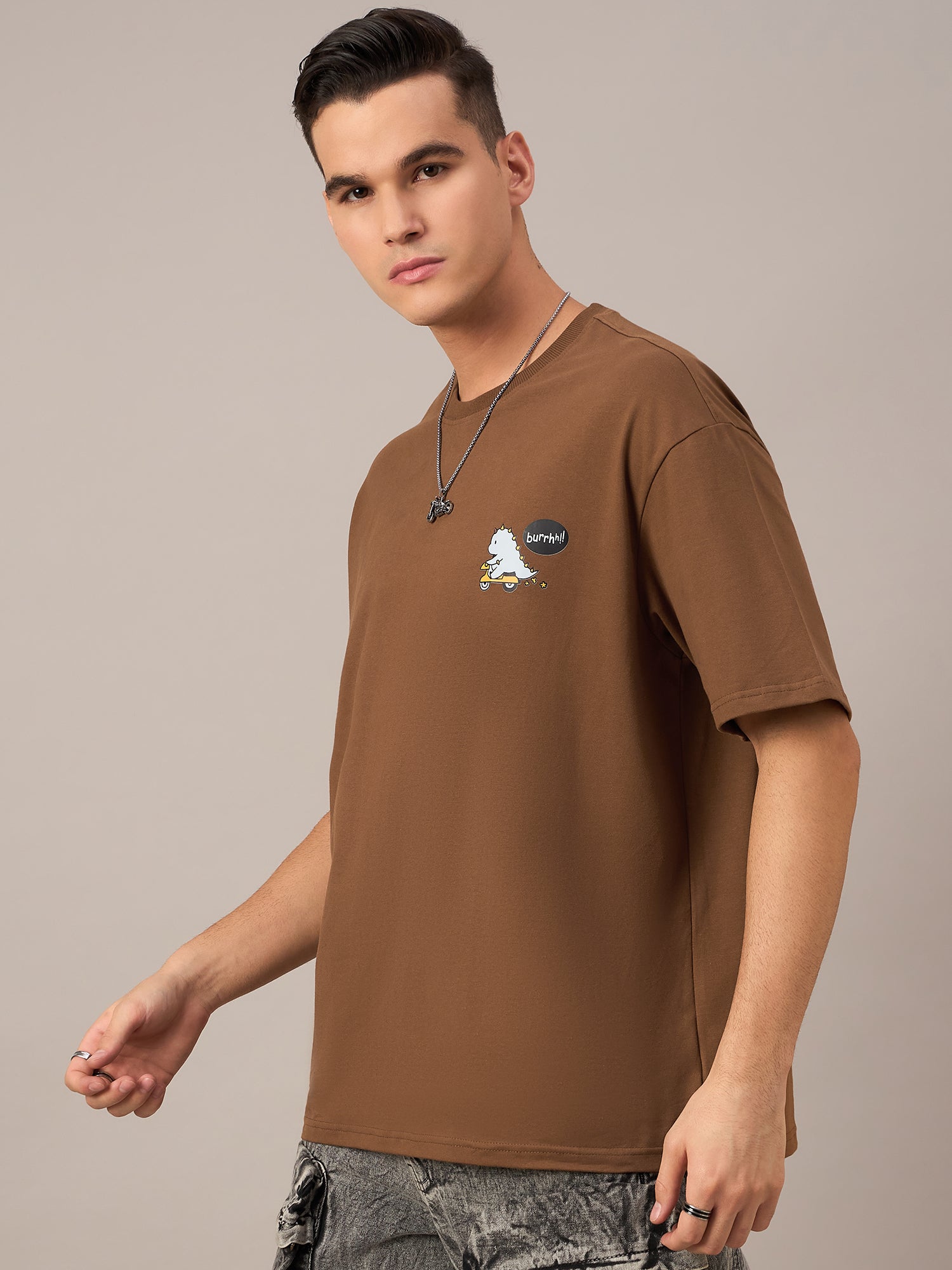 Men Printed Oversized Round Neck Drop Shoulder T-shirt Brown - Reprise