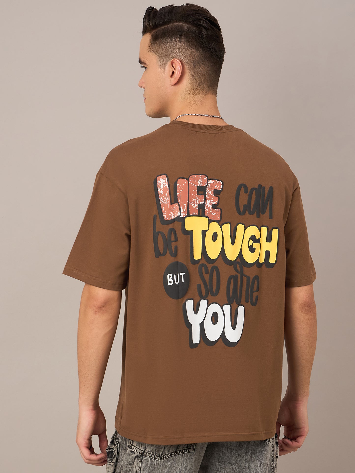 Men Printed Oversized Round Neck Drop Shoulder T-shirt Brown - Reprise