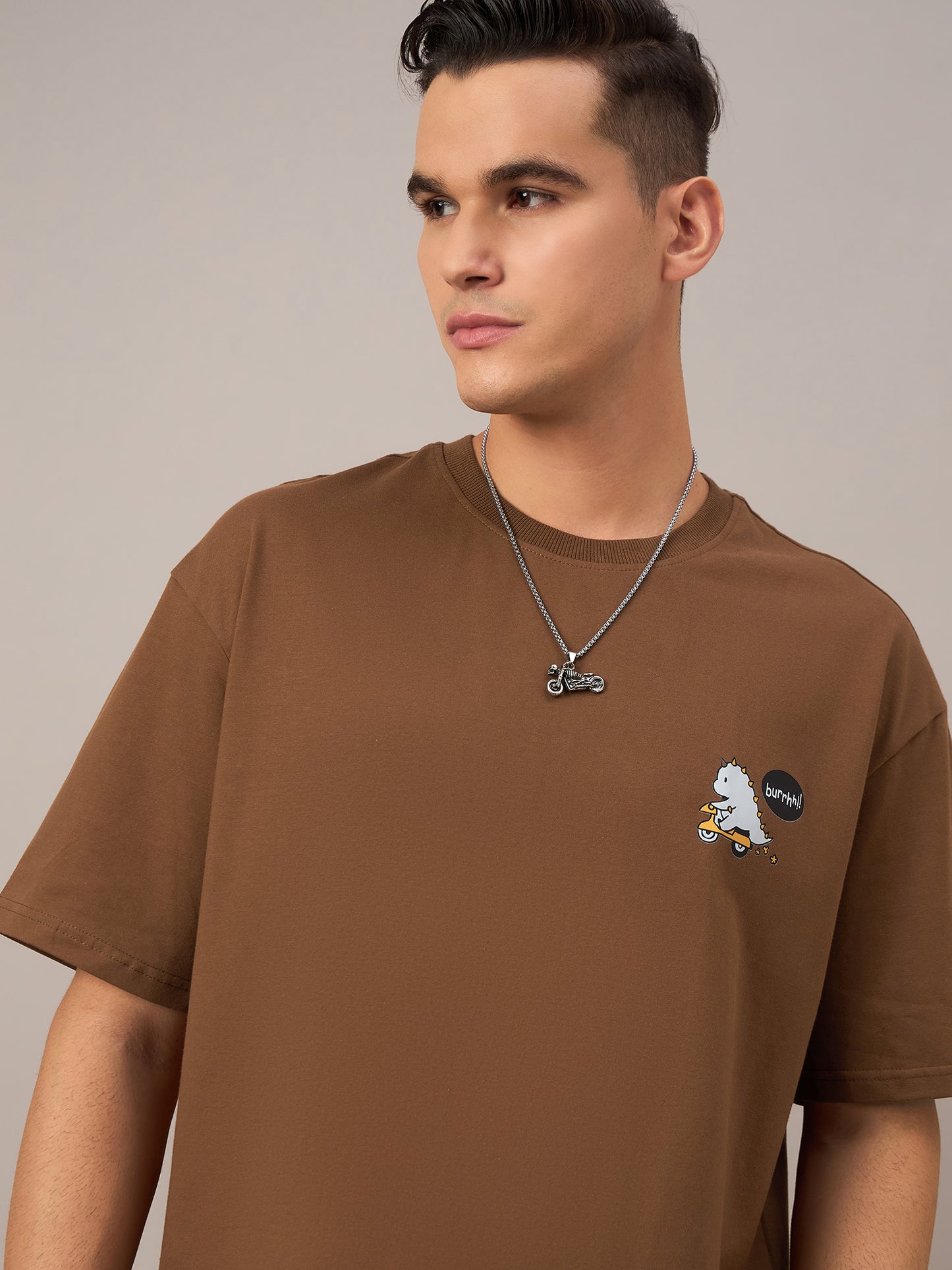 Men Printed Oversized Round Neck Drop Shoulder T-shirt Brown - Reprise