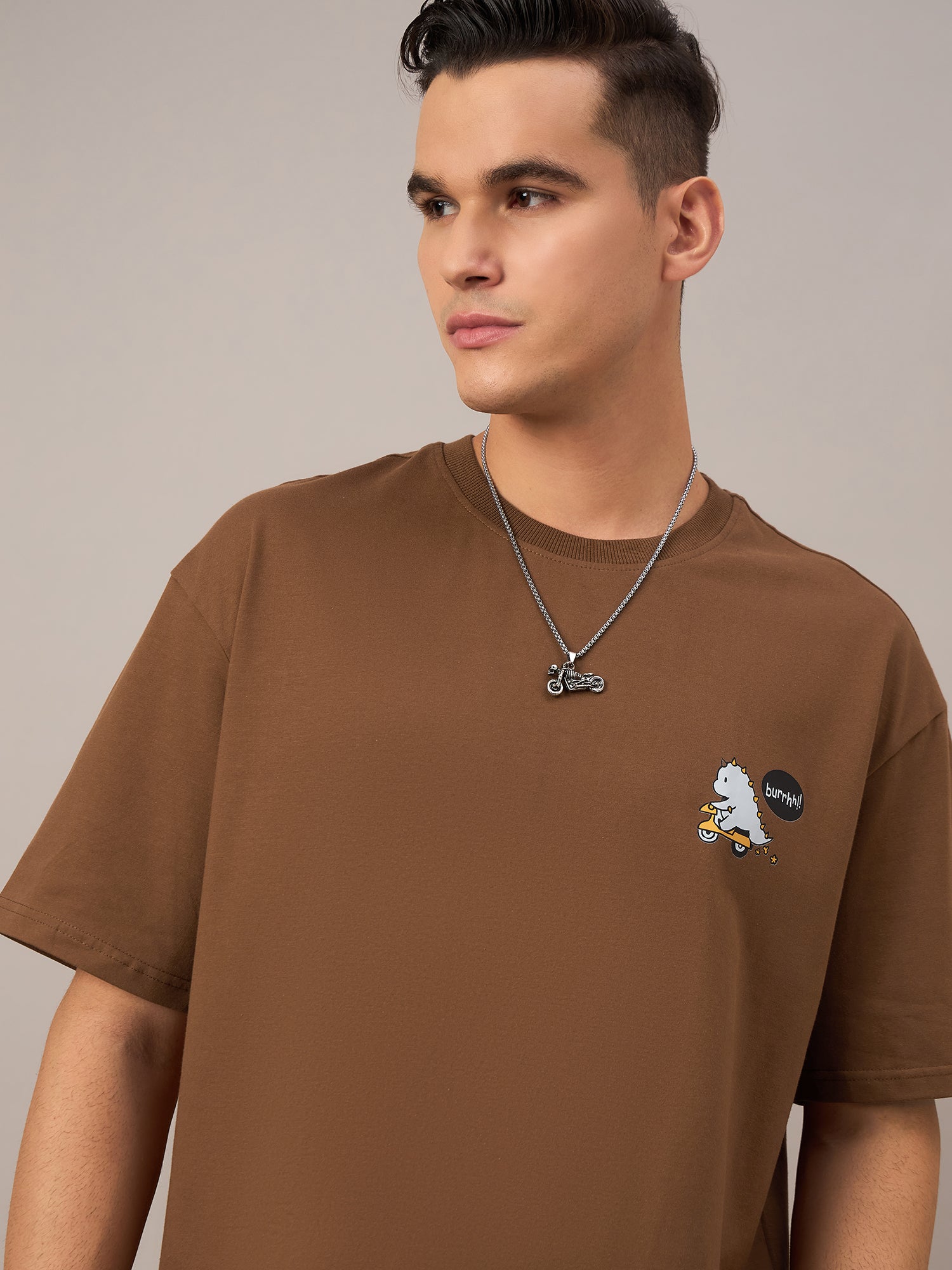 Men Printed Oversized Round Neck Drop Shoulder T-shirt Brown - Reprise