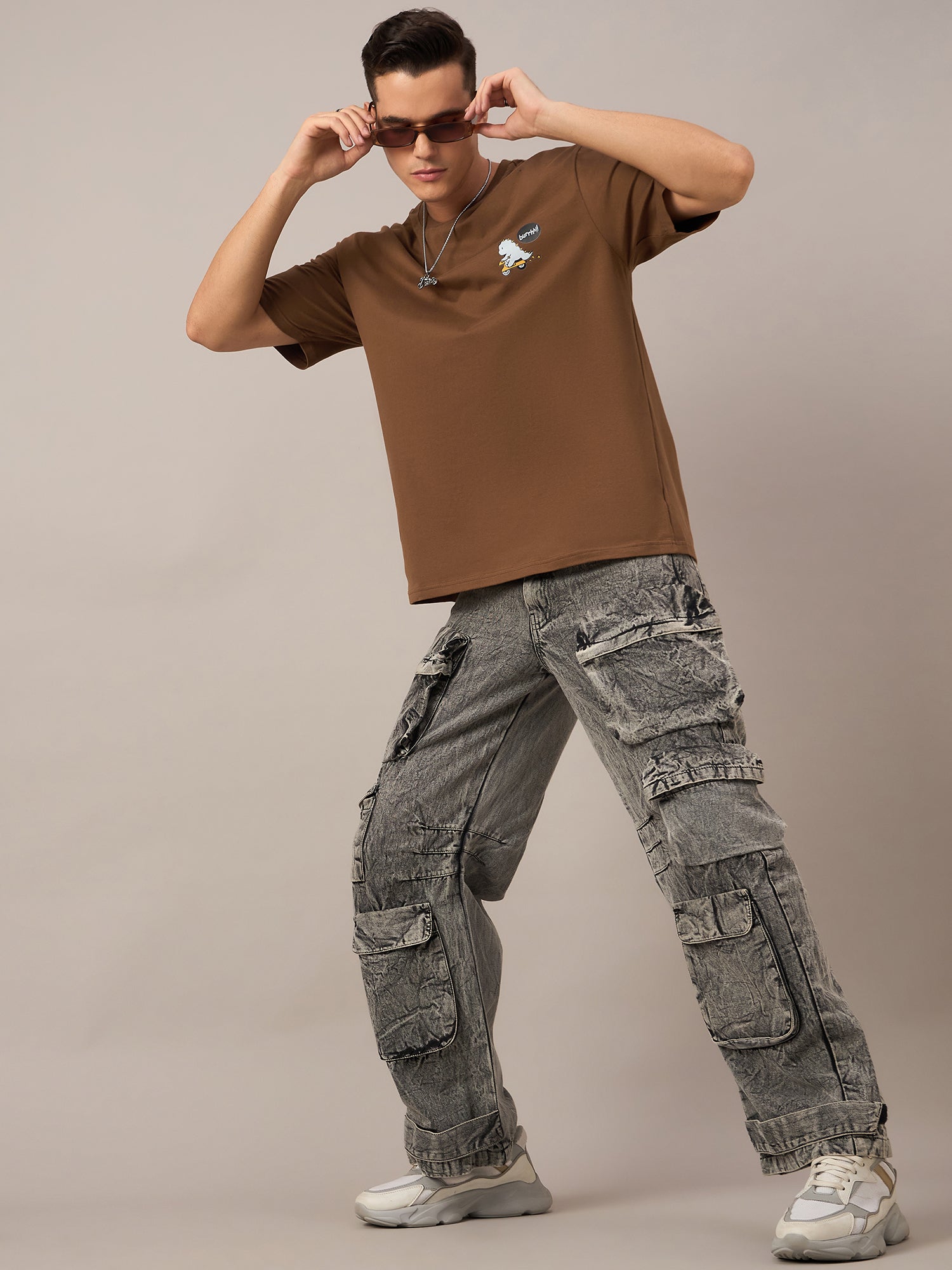 Men Printed Oversized Round Neck Drop Shoulder T-shirt Brown - Reprise