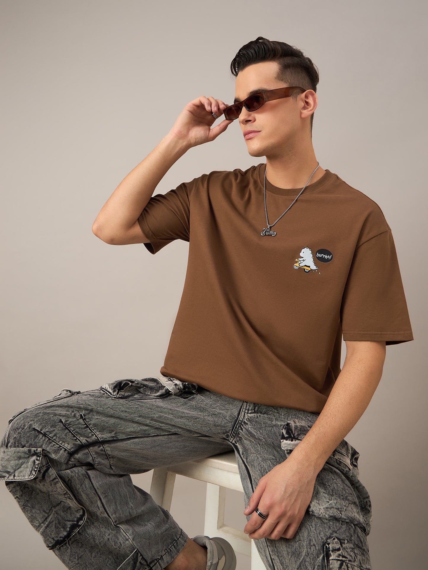 Men Printed Oversized Round Neck Drop Shoulder T-shirt Brown - Reprise