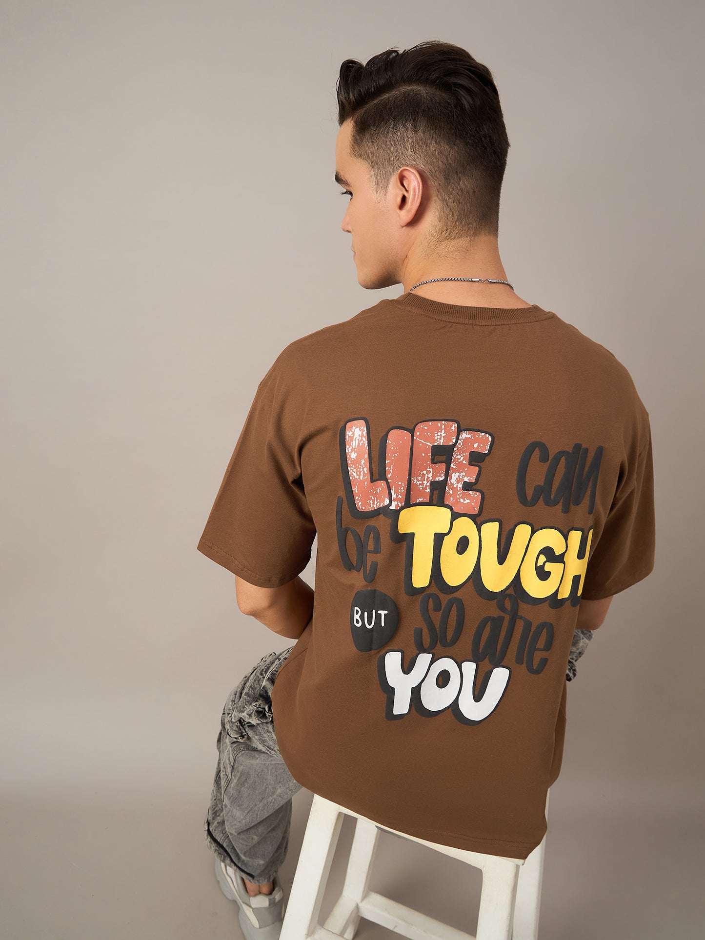 Men Printed Oversized Round Neck Drop Shoulder T-shirt Brown - Reprise