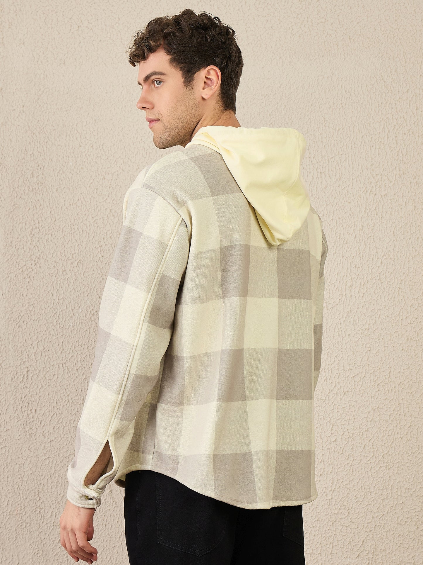 Beige Checked Buttoned Hoodie