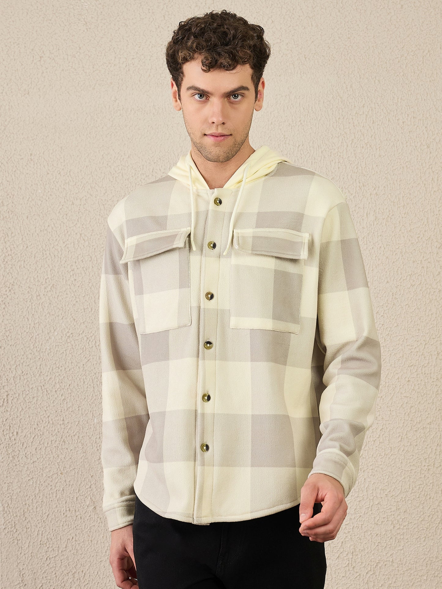 Beige Checked Buttoned Hoodie