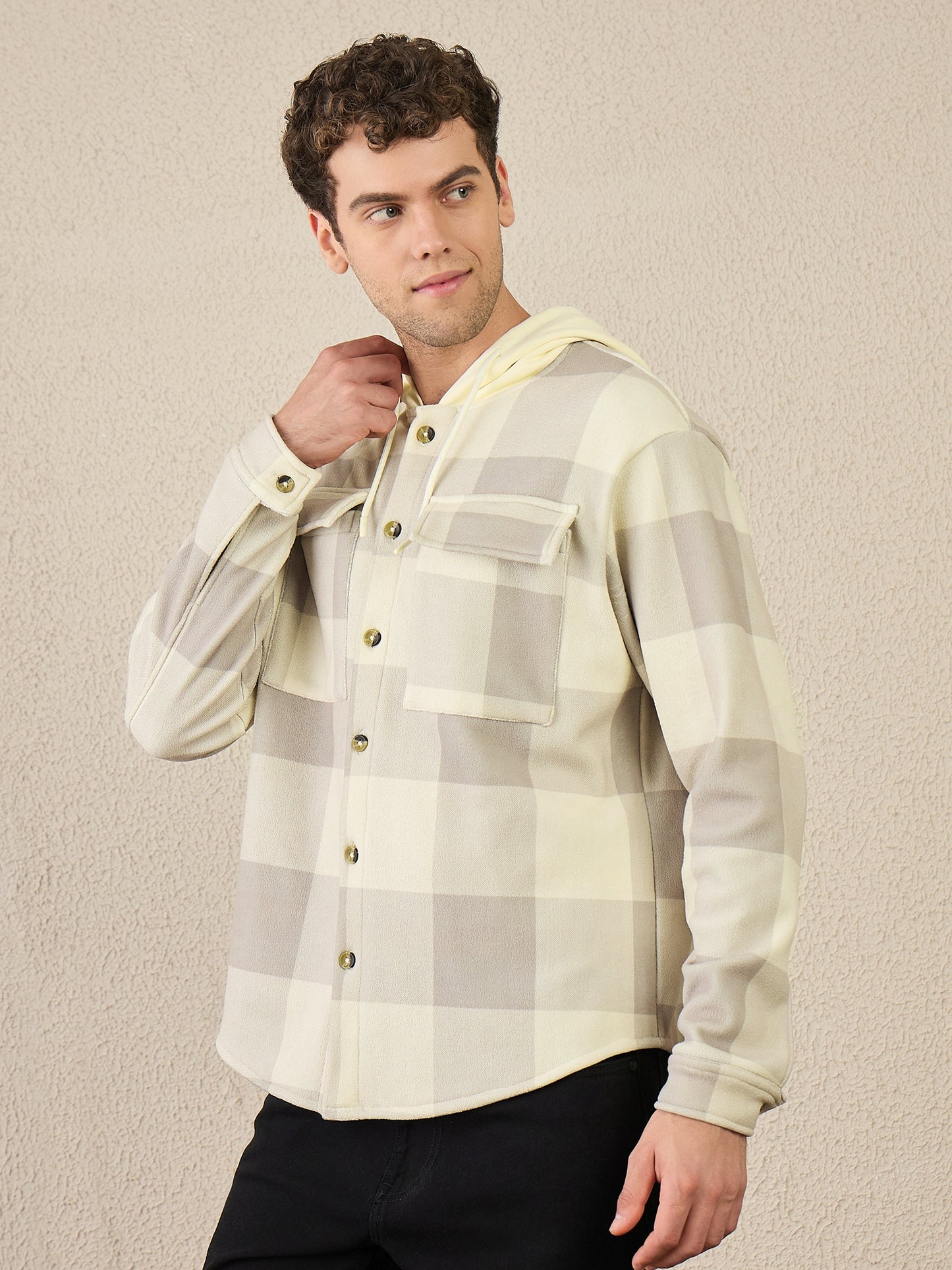 Beige Checked Buttoned Hoodie