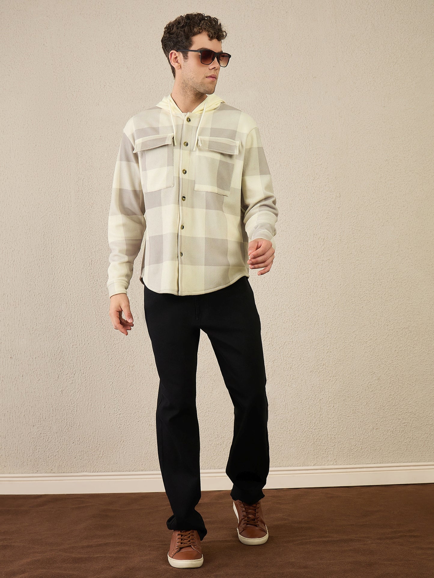 Beige Checked Buttoned Hoodie