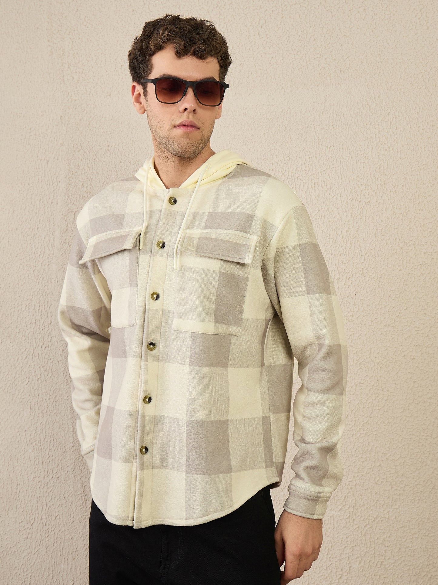 Beige Checked Buttoned Hoodie