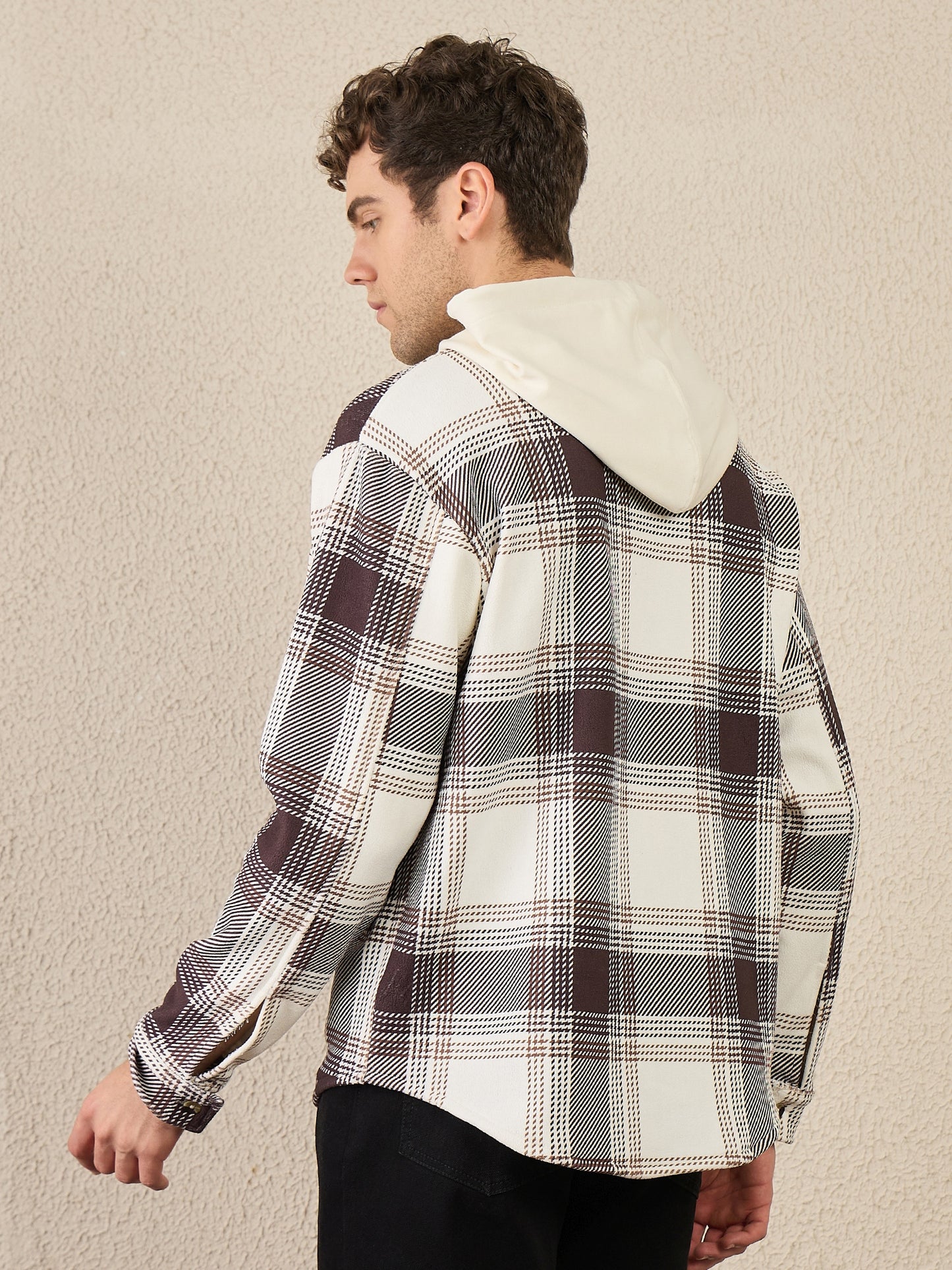 Offwhite & Brown Checked Buttoned Hoodie