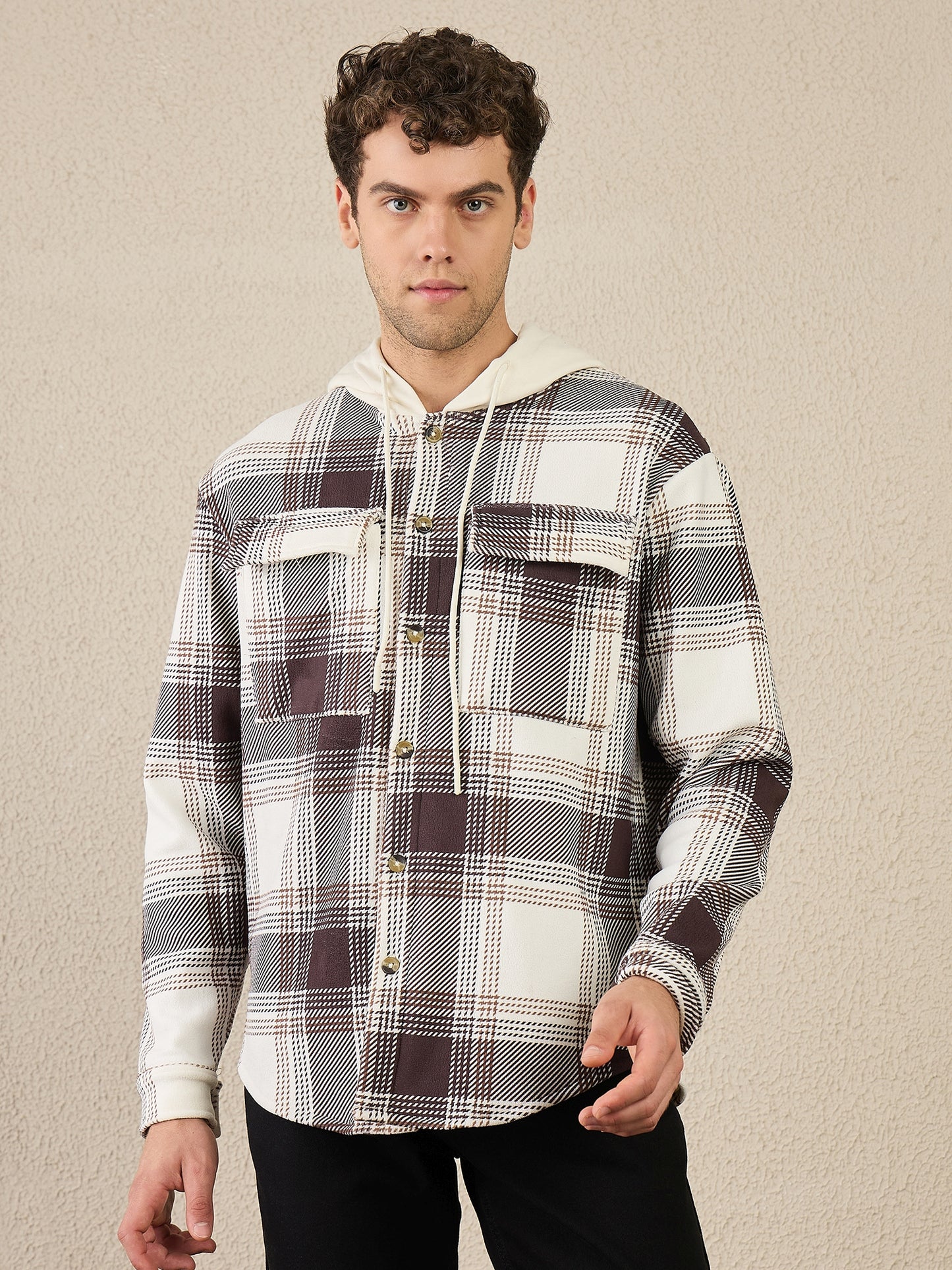 Offwhite & Brown Checked Buttoned Hoodie
