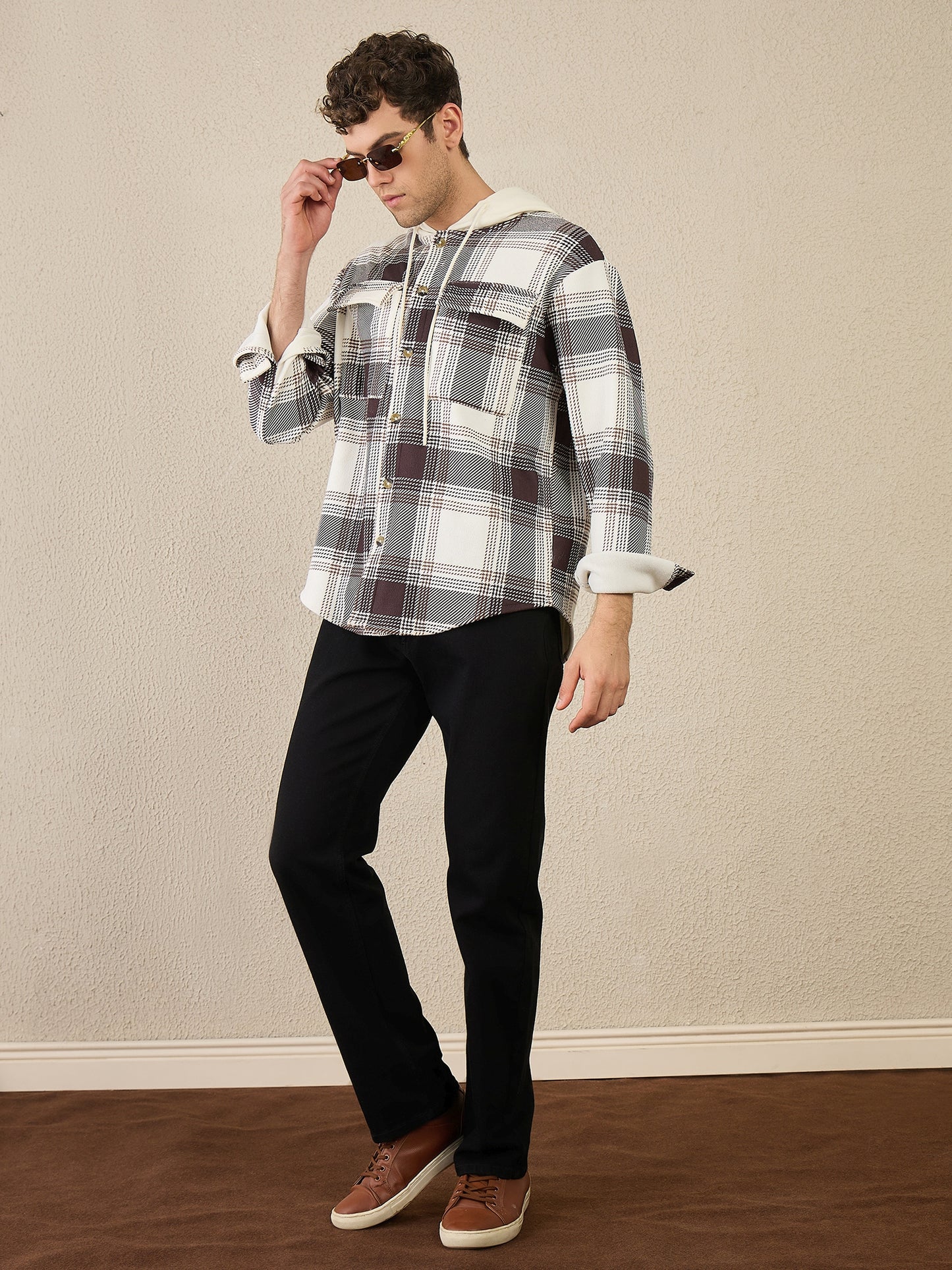 Offwhite & Brown Checked Buttoned Hoodie