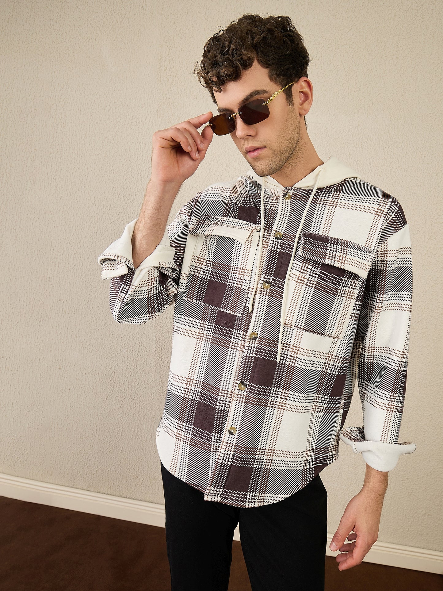 Offwhite & Brown Checked Buttoned Hoodie
