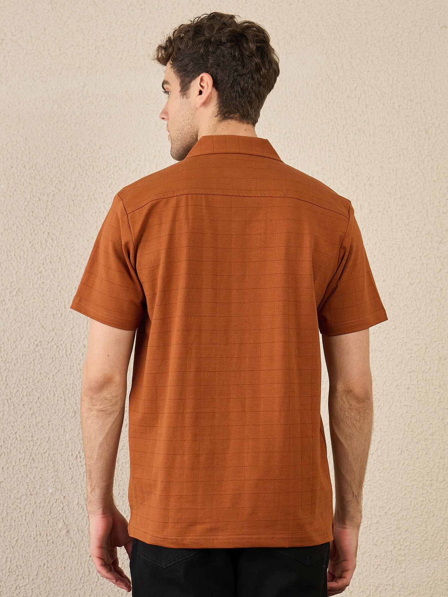 Men Rust Textured Half Sleeve Shirt