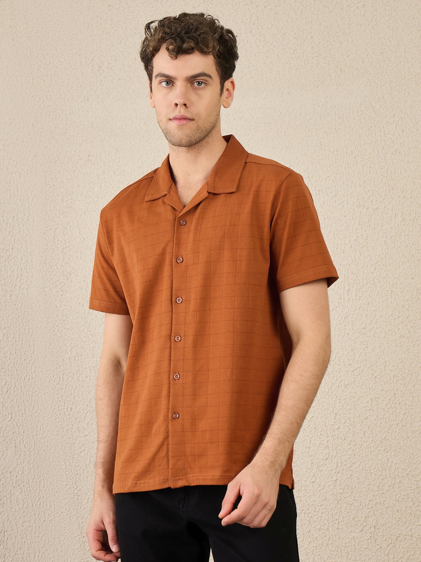 Men Rust Textured Half Sleeve Shirt
