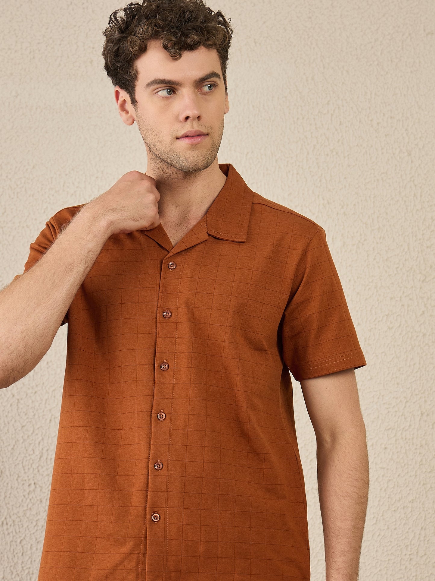 Men Rust Textured Half Sleeve Shirt