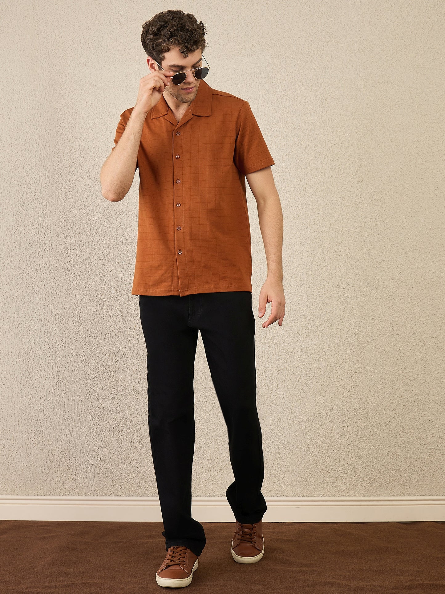 Men Rust Textured Half Sleeve Shirt