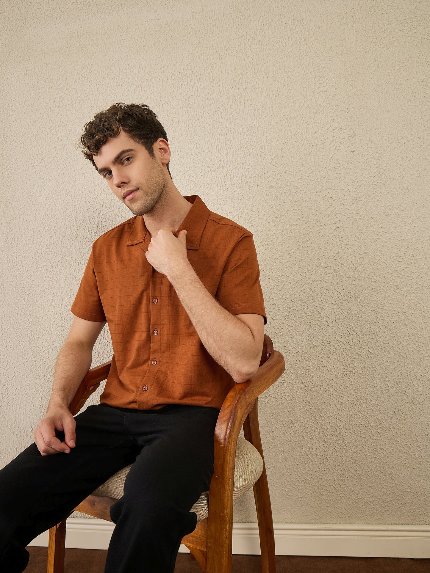 Men Rust Textured Half Sleeve Shirt