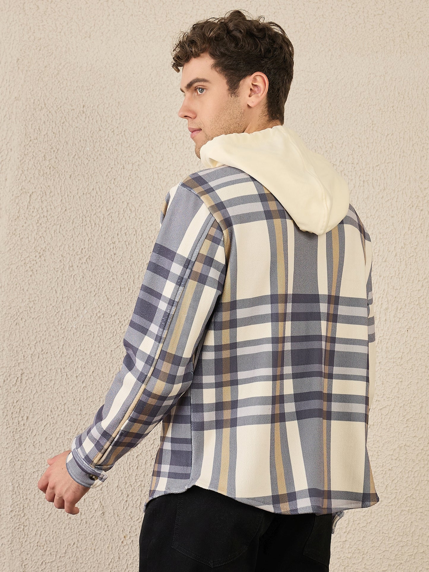 Blue Checked Buttoned Hoodie