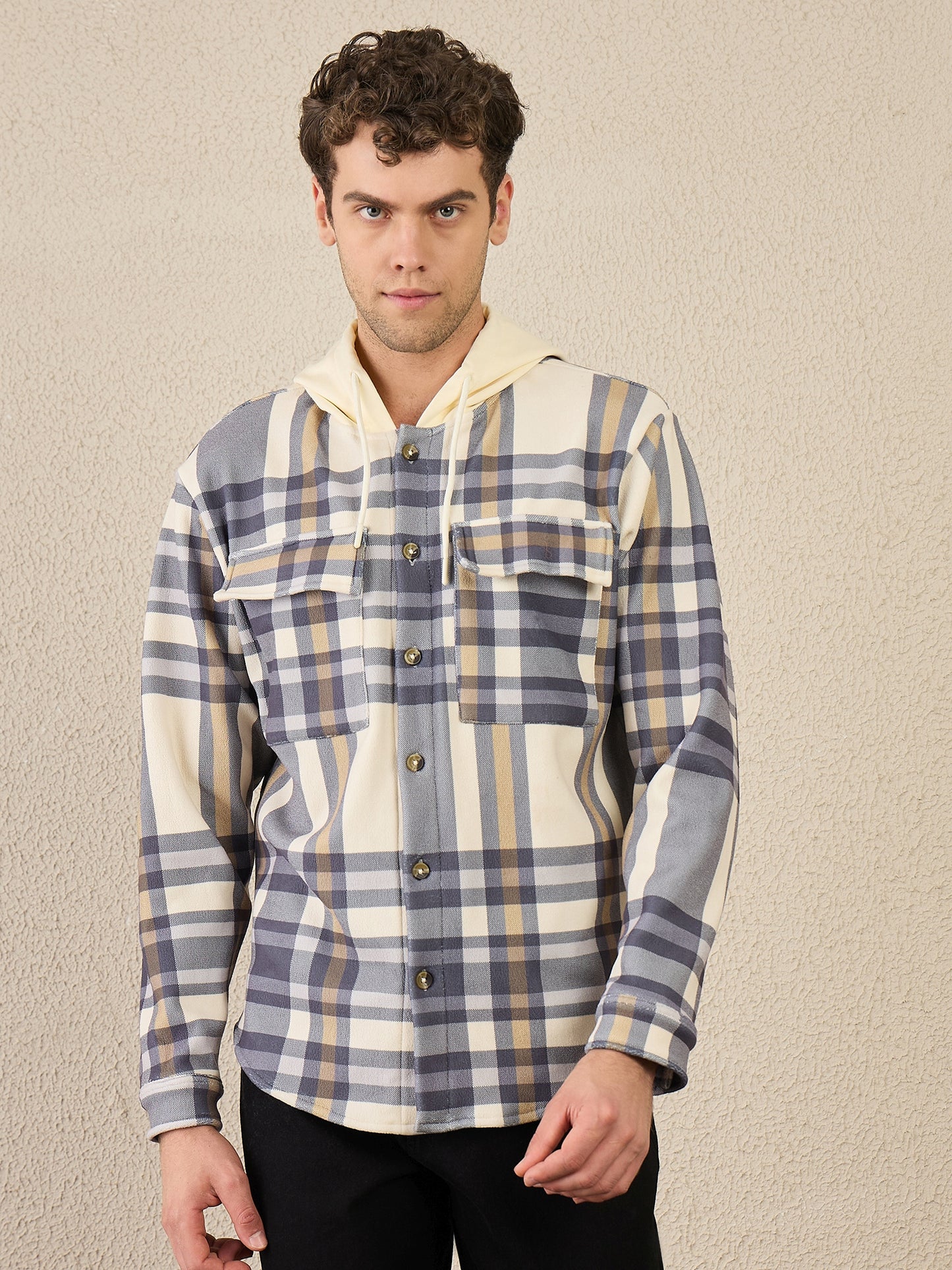 Blue Checked Buttoned Hoodie