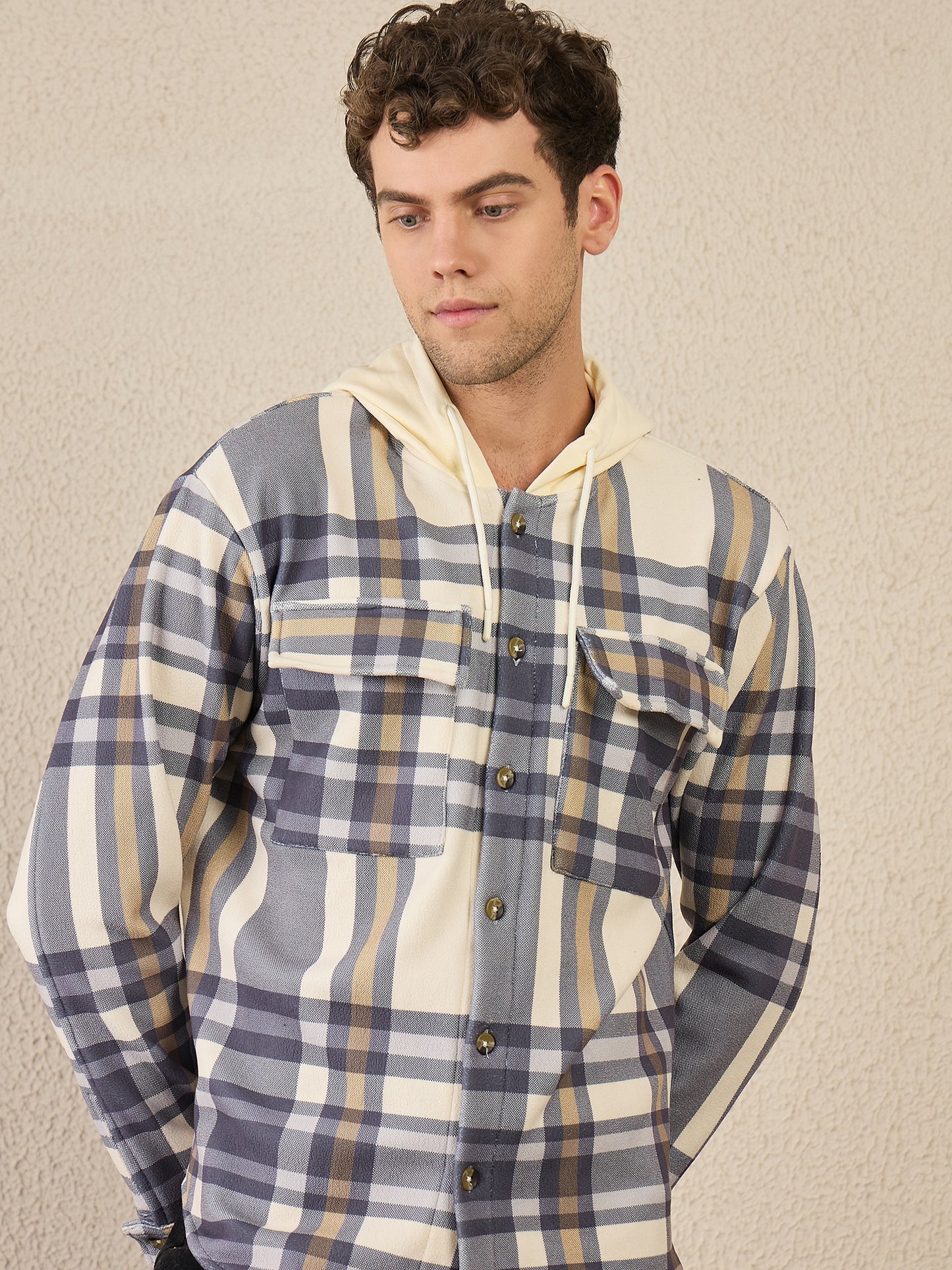 Blue Checked Buttoned Hoodie