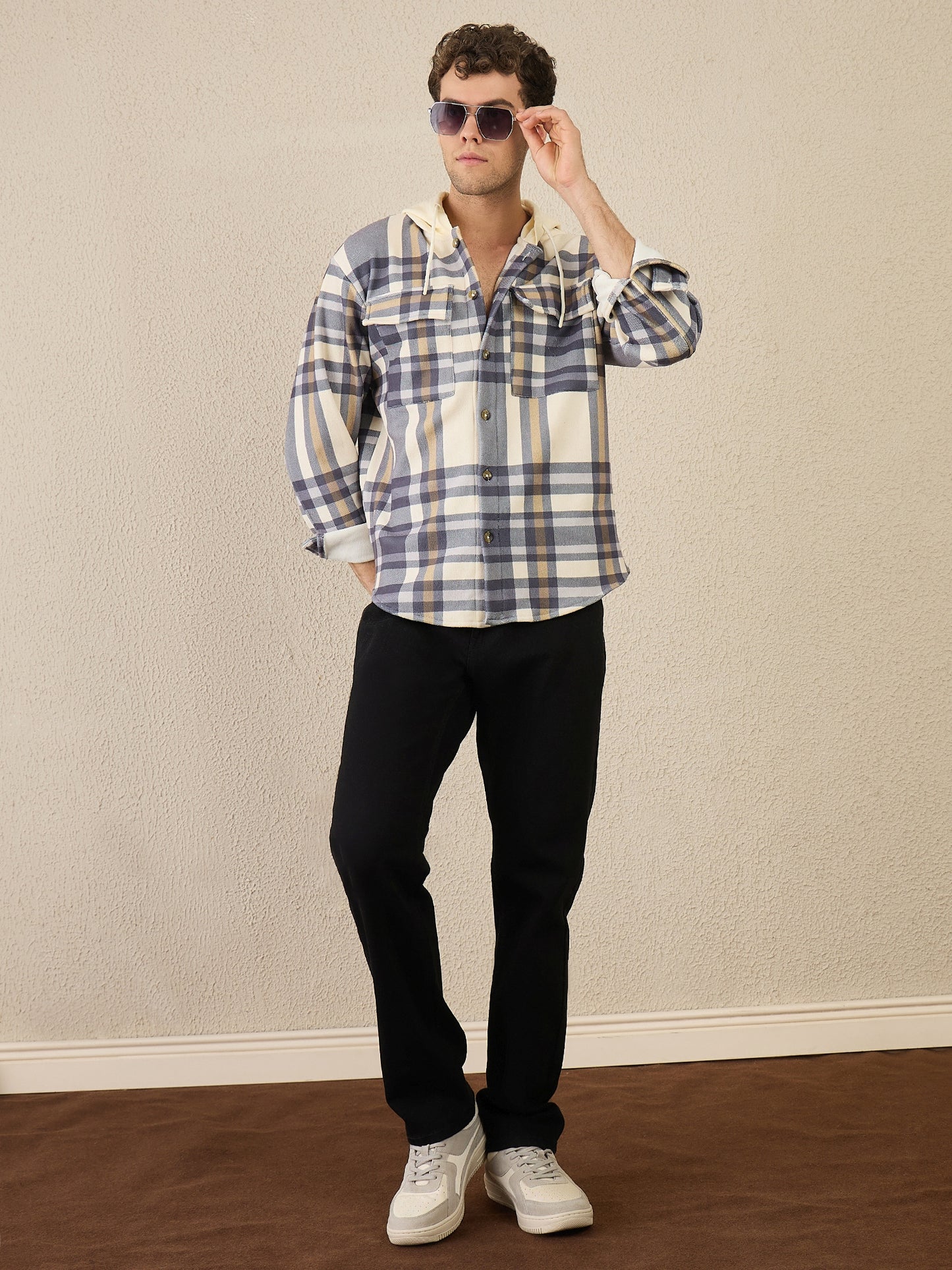 Blue Checked Buttoned Hoodie