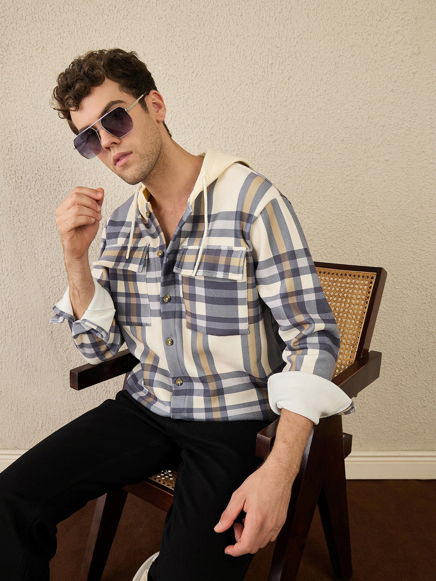 Blue Checked Buttoned Hoodie