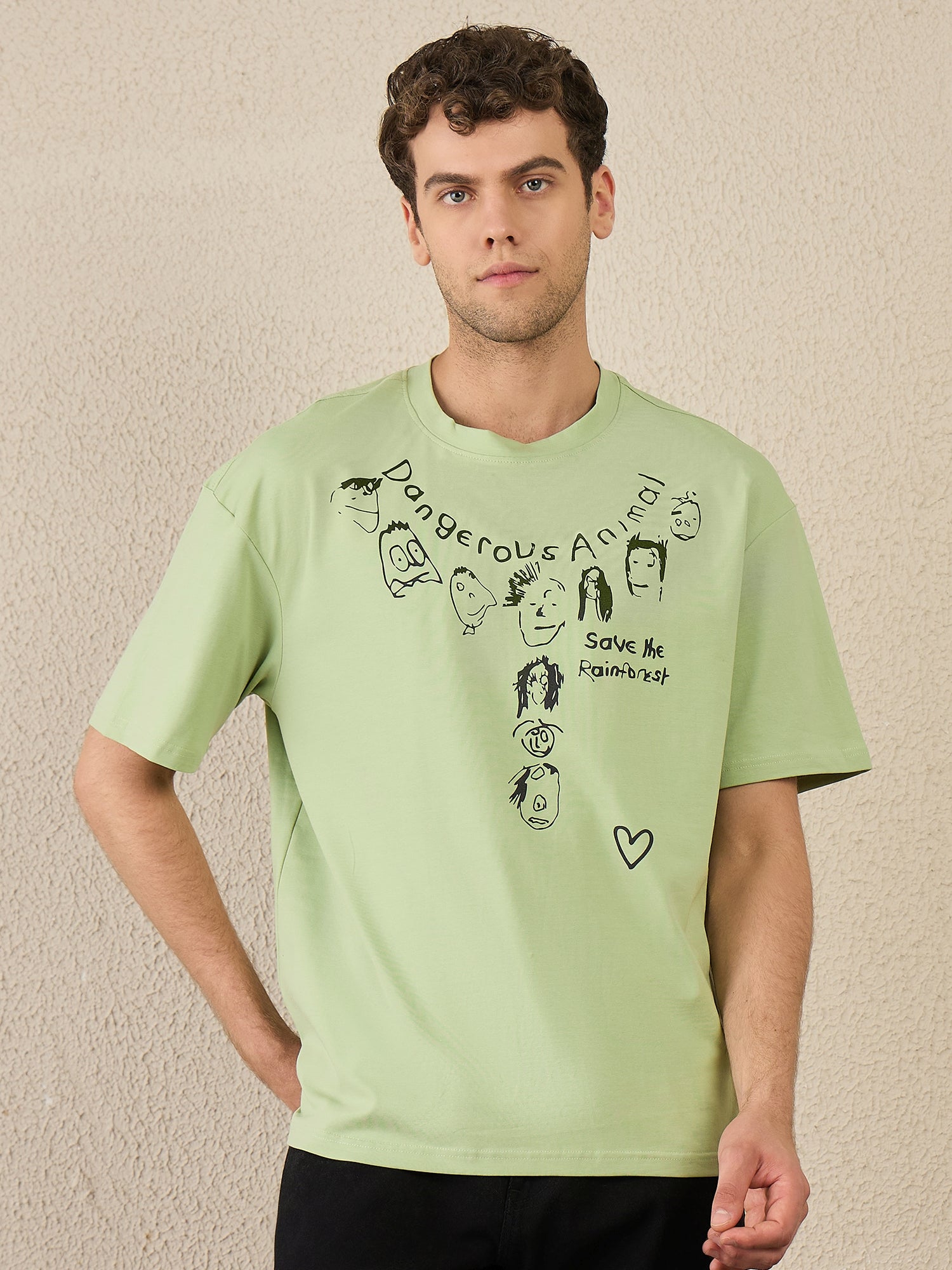 Men Oversized Printed Round Neck Drop shoulder T-shirt Green - Reprise