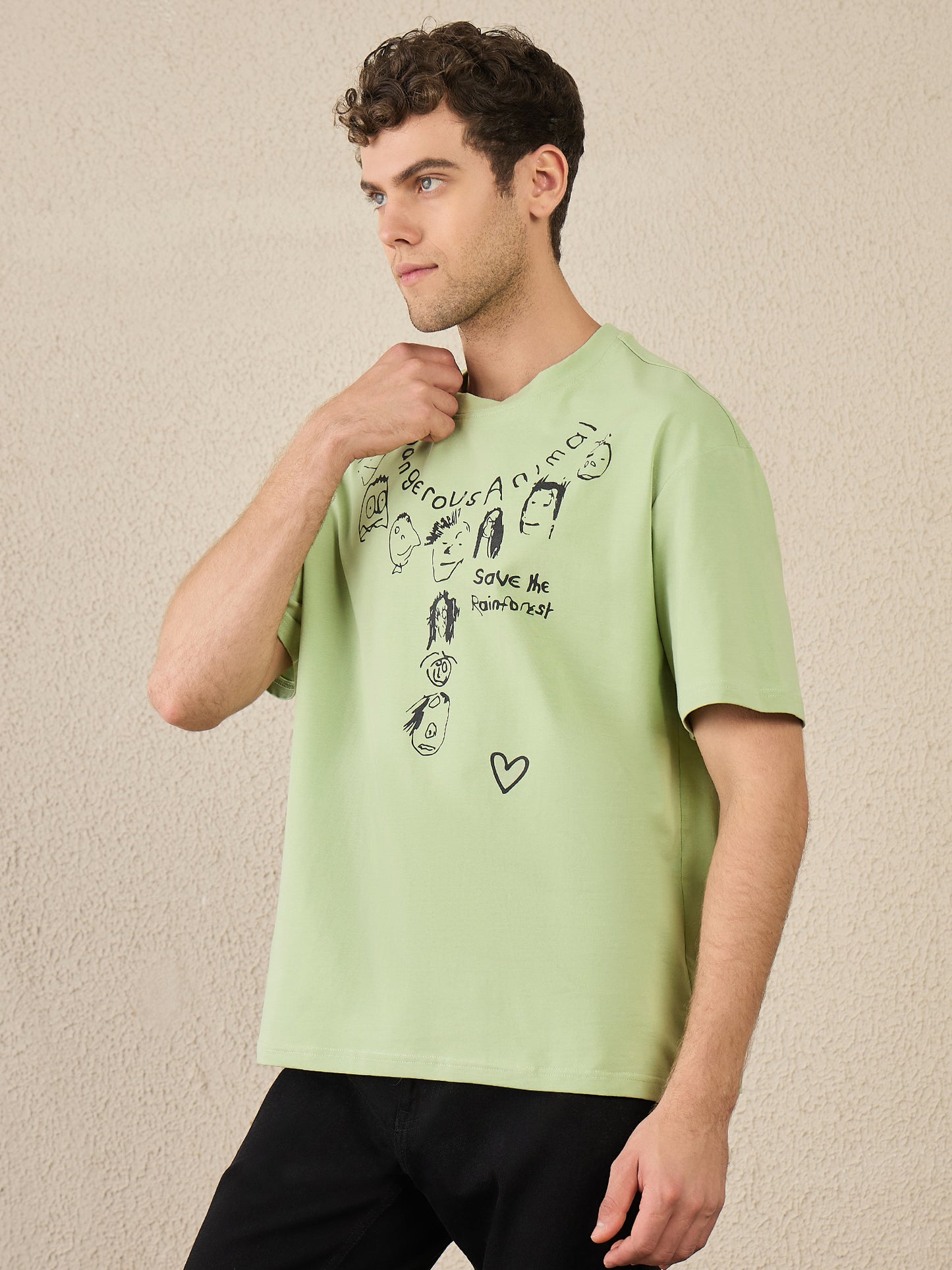 Men Oversized Printed Round Neck Drop shoulder T-shirt Green - Reprise