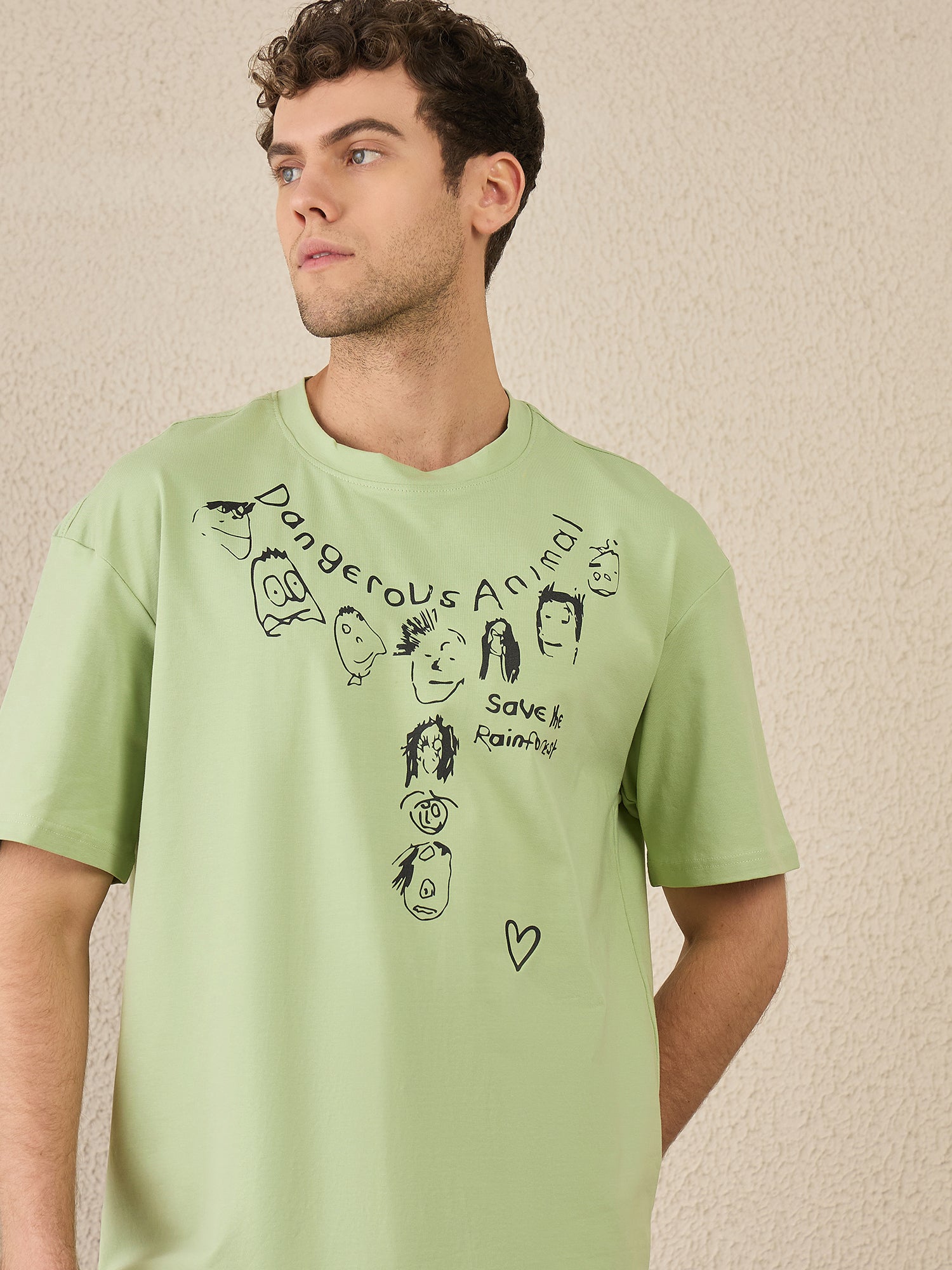 Men Oversized Printed Round Neck Drop shoulder T-shirt Green - Reprise