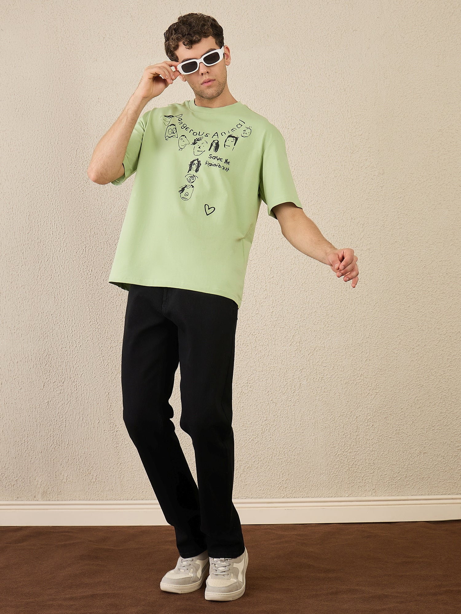 Men Oversized Printed Round Neck Drop shoulder T-shirt Green - Reprise