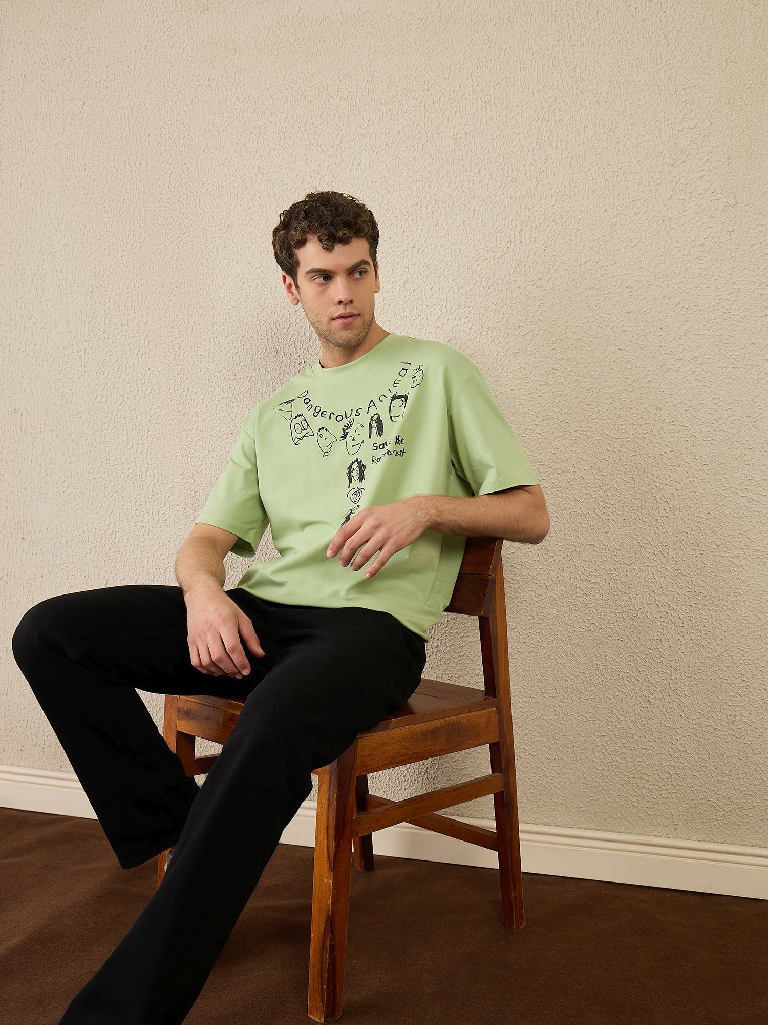 Men Oversized Printed Round Neck Drop shoulder T-shirt Green - Reprise