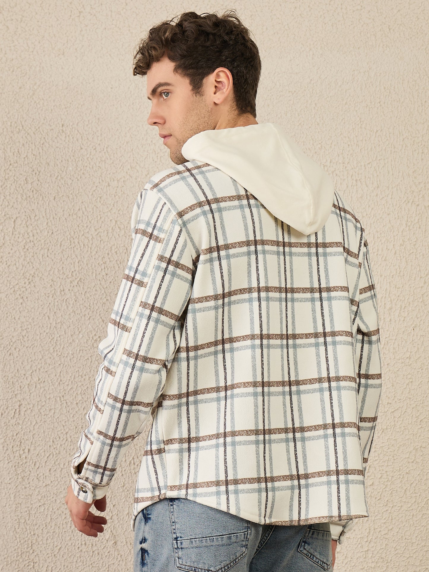 Off White Checked Buttoned Hoodie