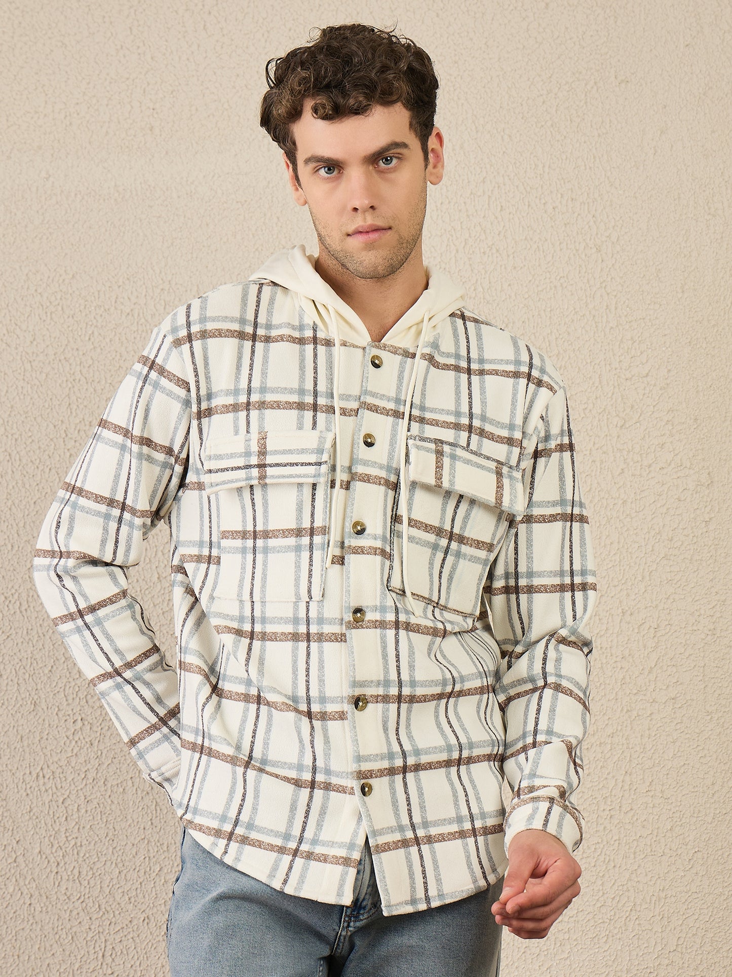 Off White Checked Buttoned Hoodie